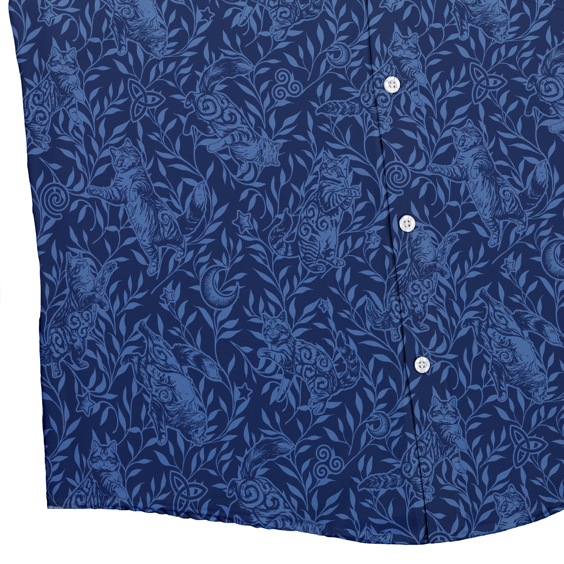 Hidden Garden Cats Blue Button Up Shirt Bottom Corner