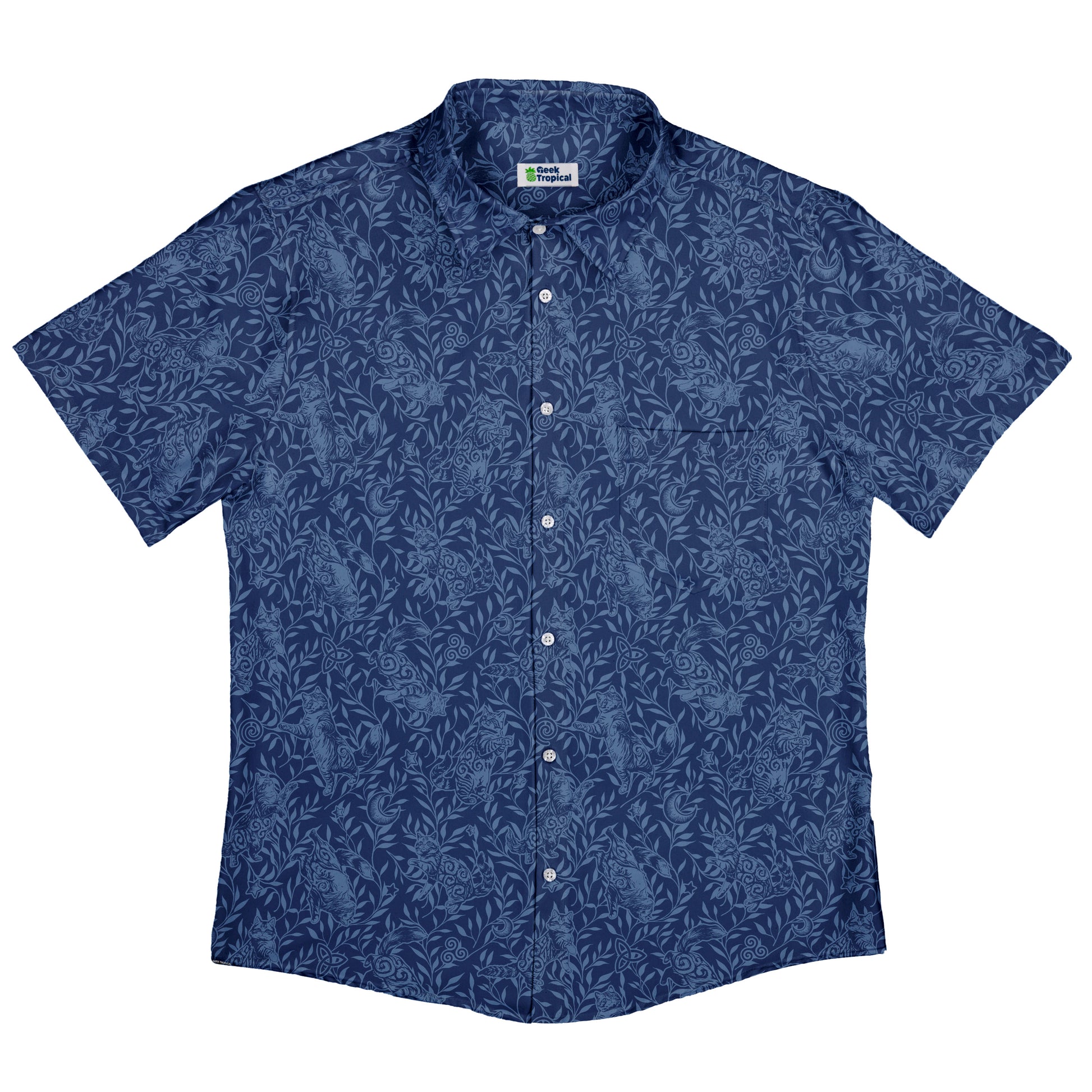 Hidden Garden Cats Blue Button Up Shirt Flat Front
