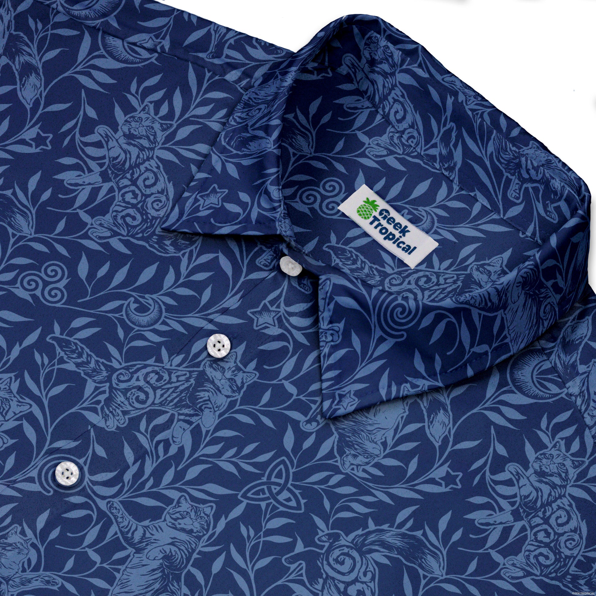 Hidden Garden Cats Blue Button Up Shirt Neck