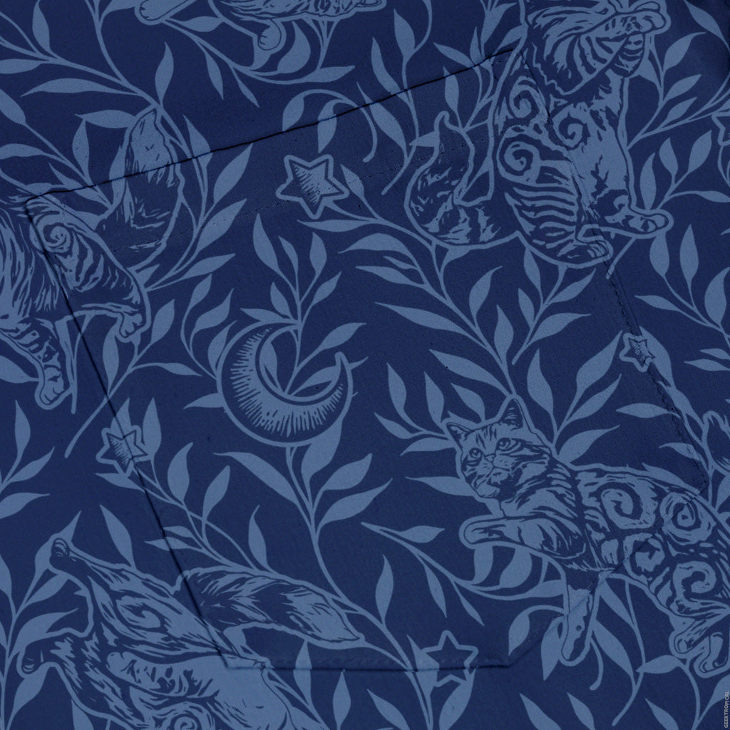 Hidden Garden Cats Blue Button Up Shirt Pocket