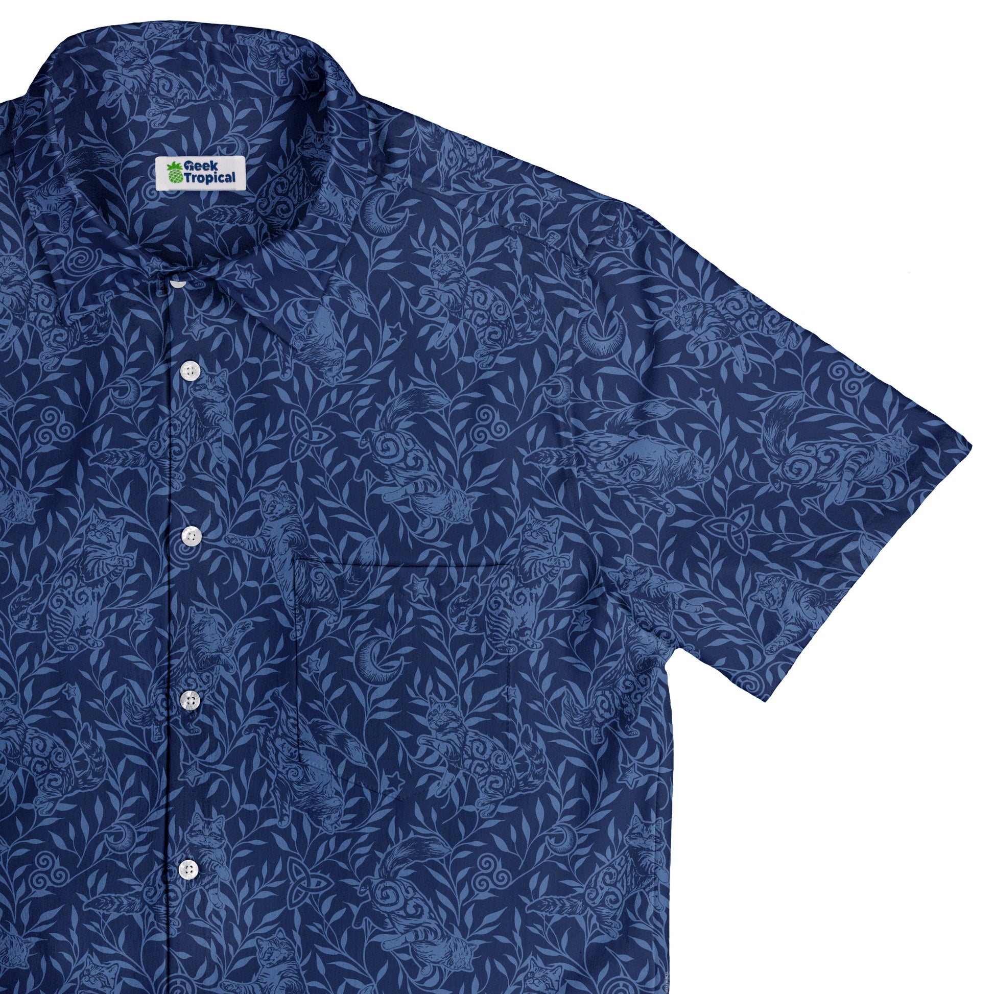 Hidden Garden Cats Blue Button Up Shirt Top Corner