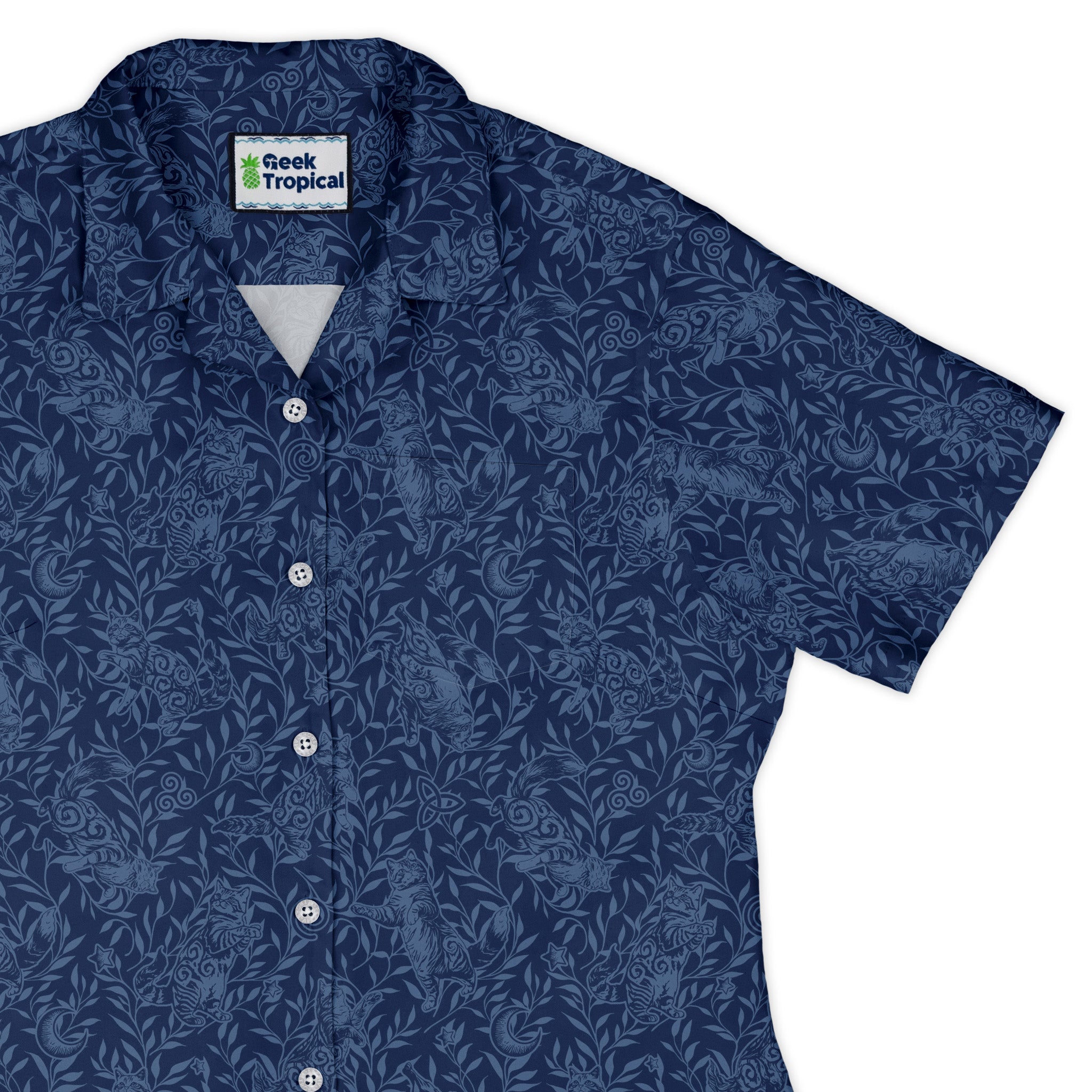 Hidden Garden Cats Blue Curvy Button Up Shirt womens top right