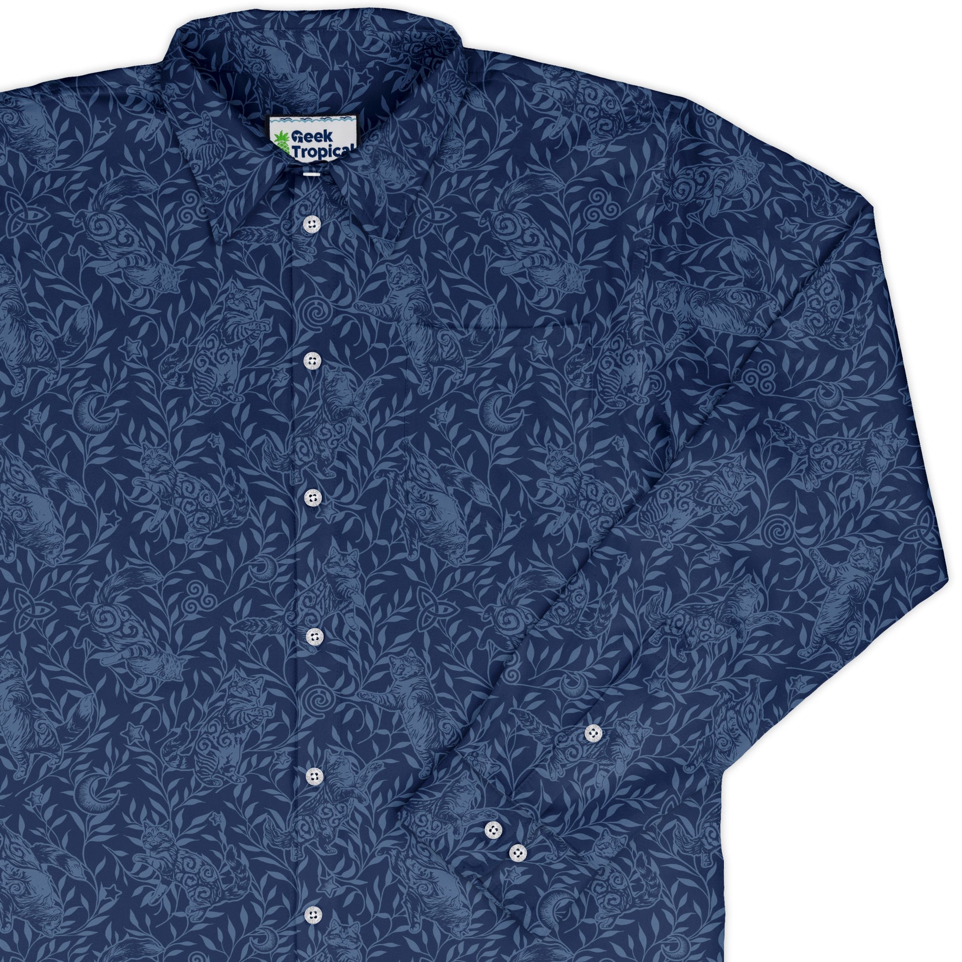 Hidden Garden Cats Blue Long Sleeve Button Up Shirt cover