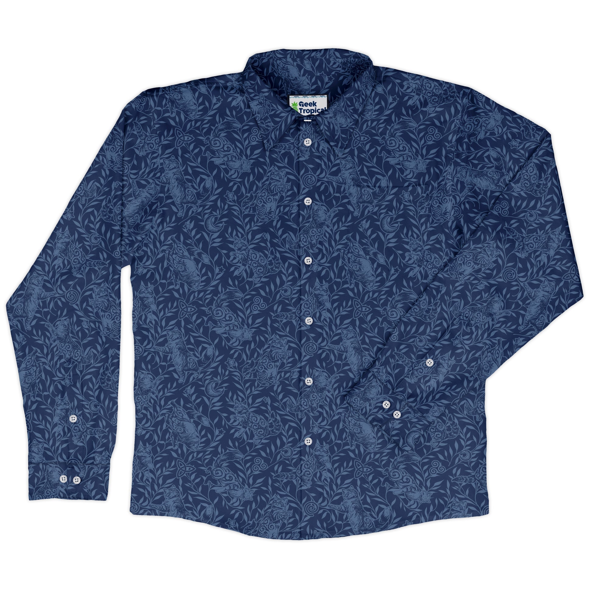 Hidden Garden Cats Blue Long Sleeve Button Up Shirt front