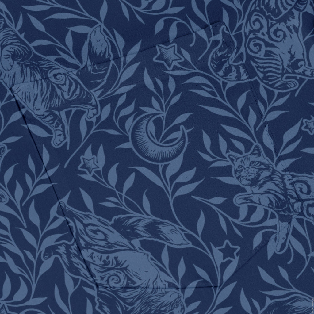 Hidden Garden Cats Blue Long Sleeve Button Up Shirt pocket