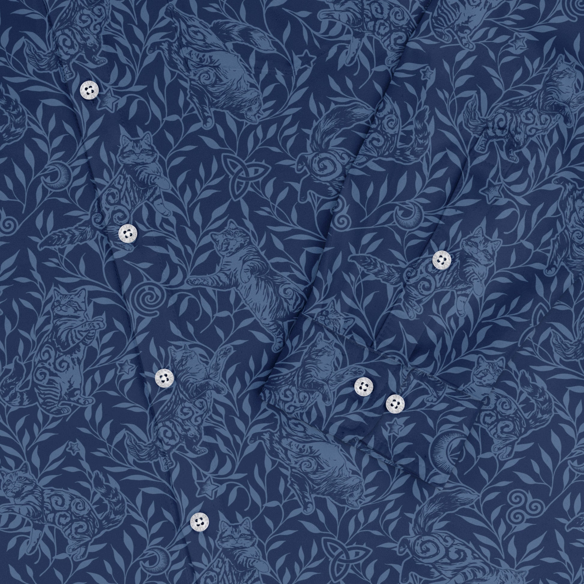 Hidden Garden Cats Blue Long Sleeve Button Up Shirt sleeve close