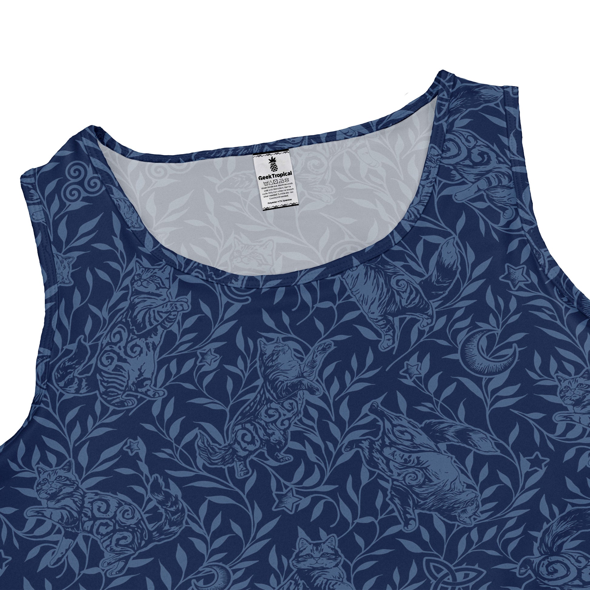 Hidden Garden Cats Blue Sleeveless Dress close front