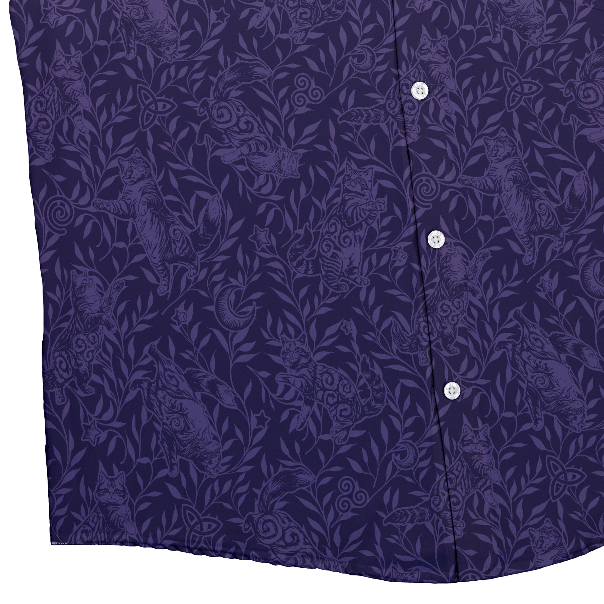 Hidden Garden Cats Lilac Button Up Shirt Bottom Corner