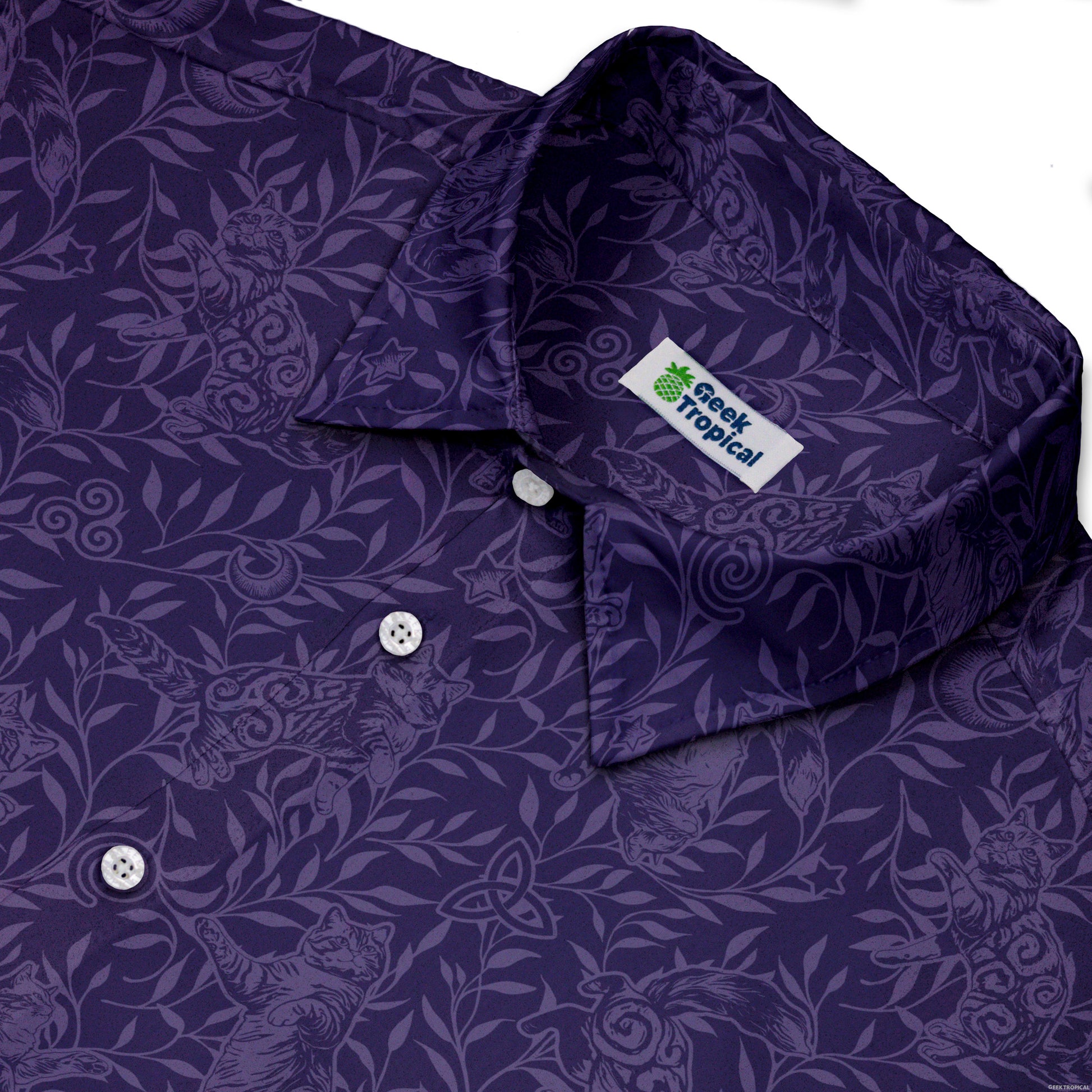Hidden Garden Cats Lilac Button Up Shirt Neck