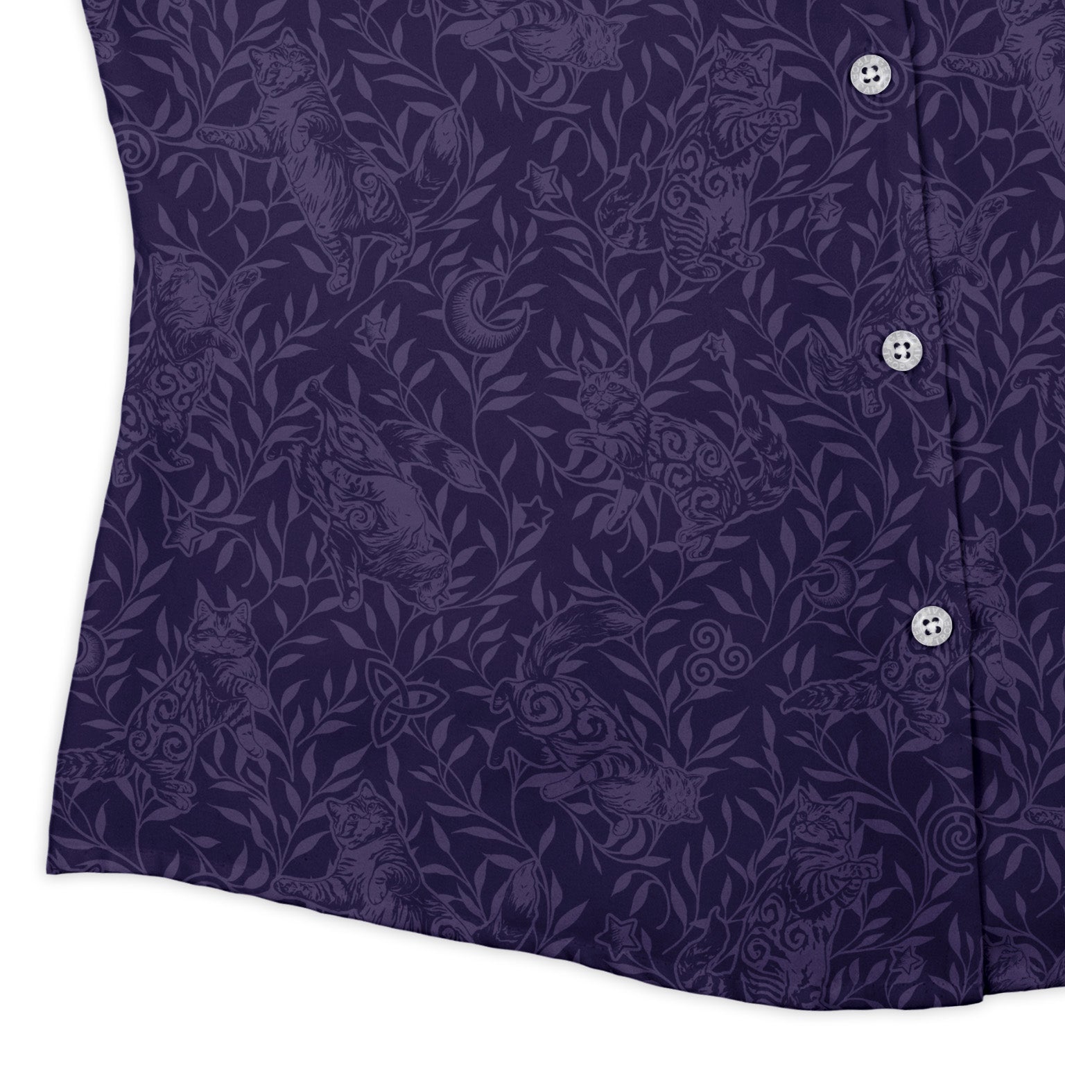 Hidden Garden Cats Lilac Curvy Button Up Shirt womens corner
