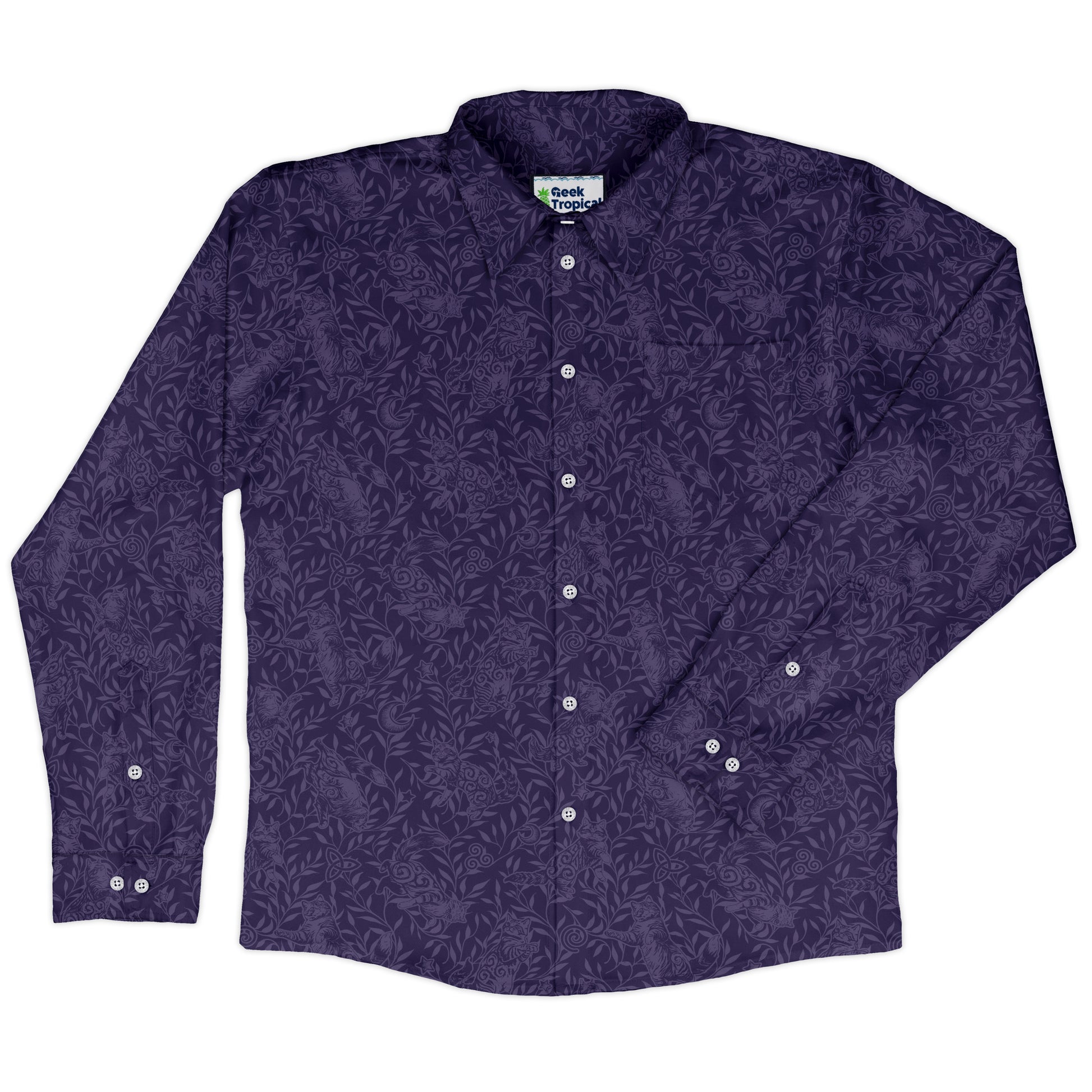 Hidden Garden Cats Lilac Long Sleeve Button Up Shirt front