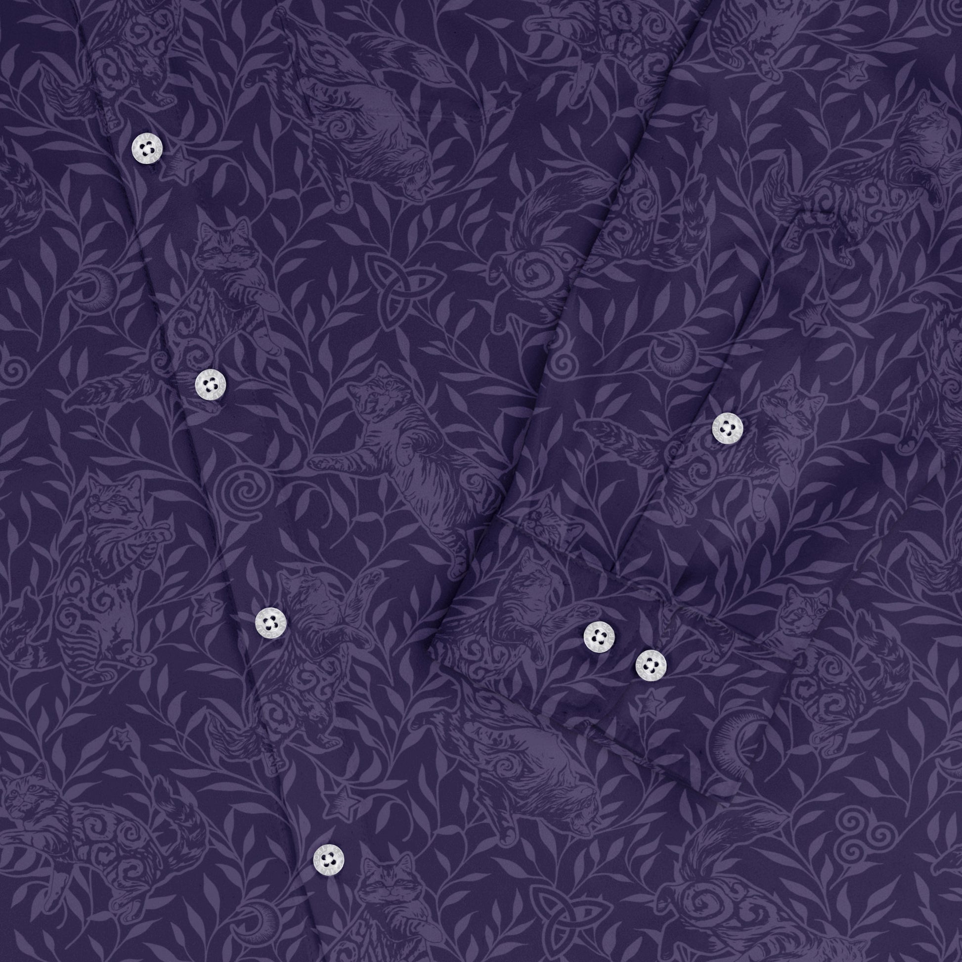 Hidden Garden Cats Lilac Long Sleeve Button Up Shirt sleeve close