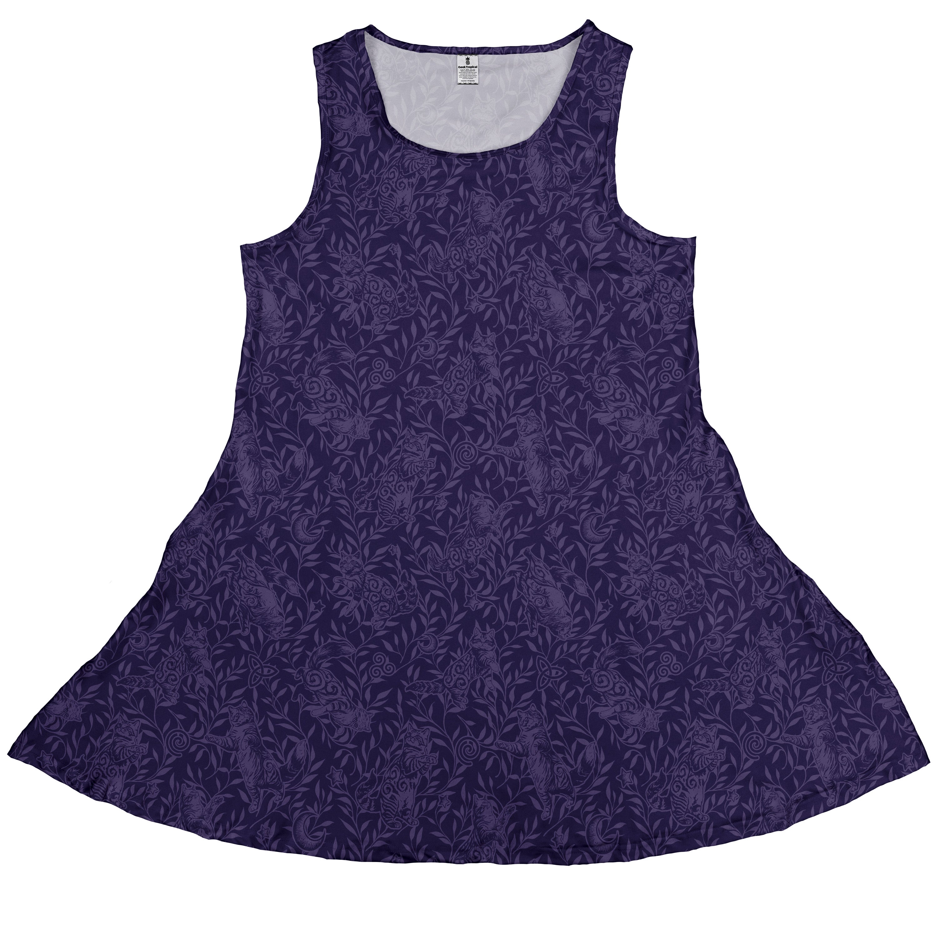 Hidden Garden Cats Lilac Sleeveless Dress front