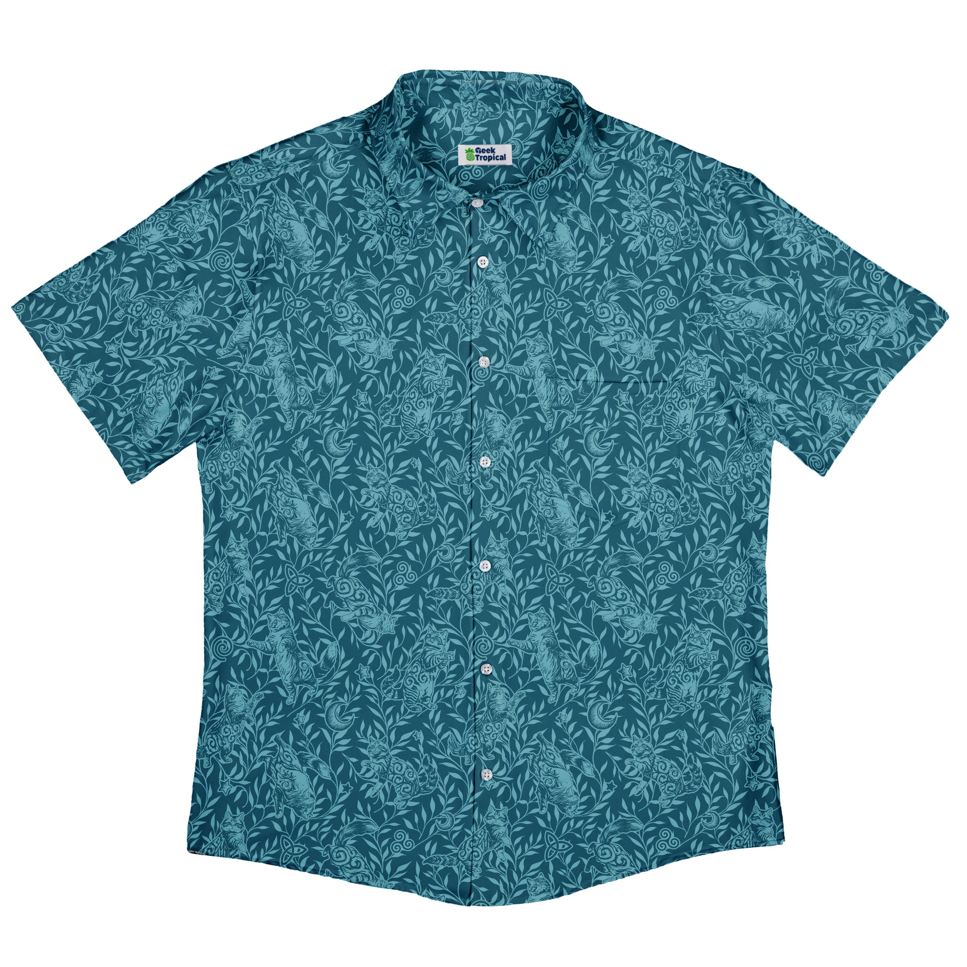 Hidden Garden Cats Teal Button Up Shirt Flat Front