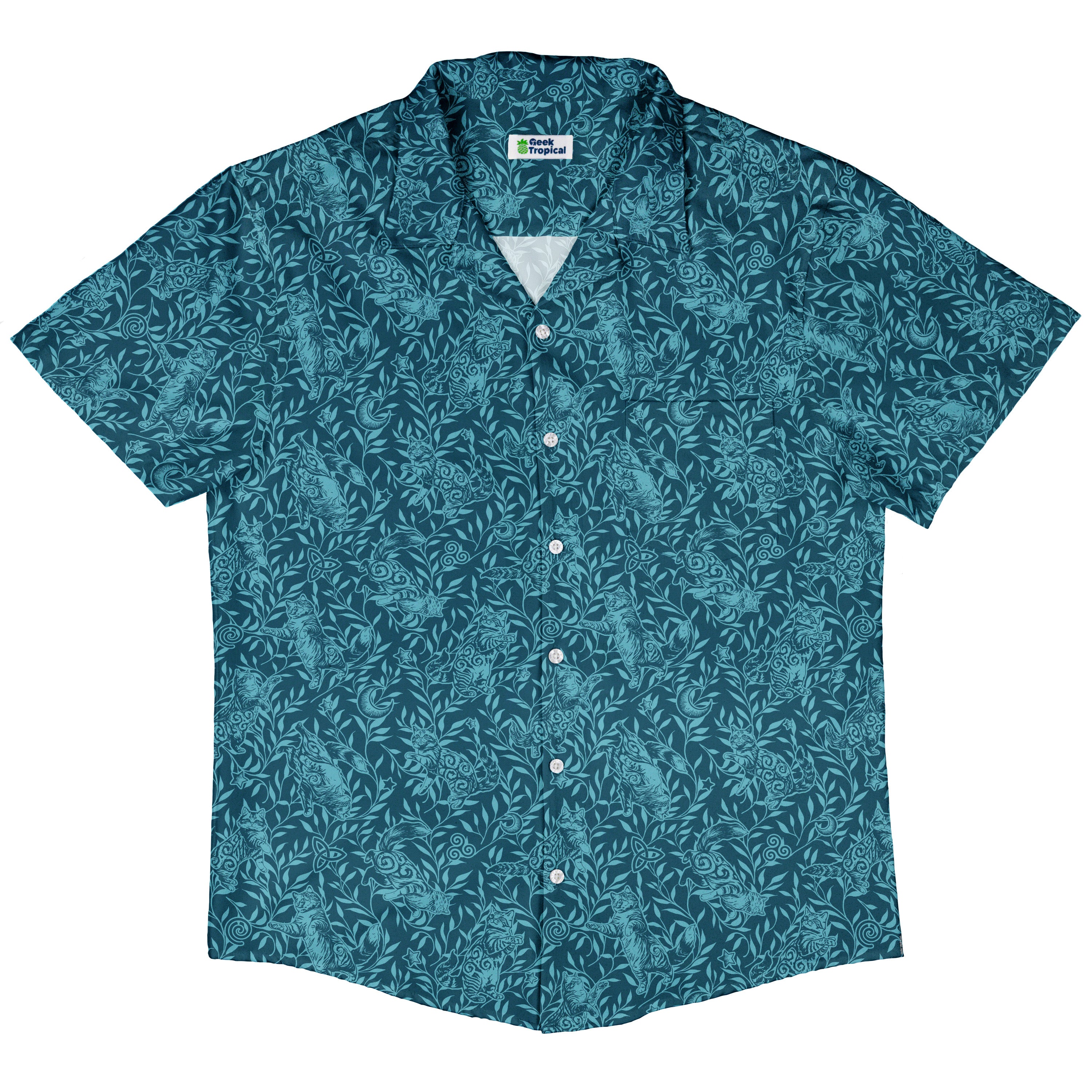 Hidden Garden Cats Teal Button Up Shirt Hawaiian Front