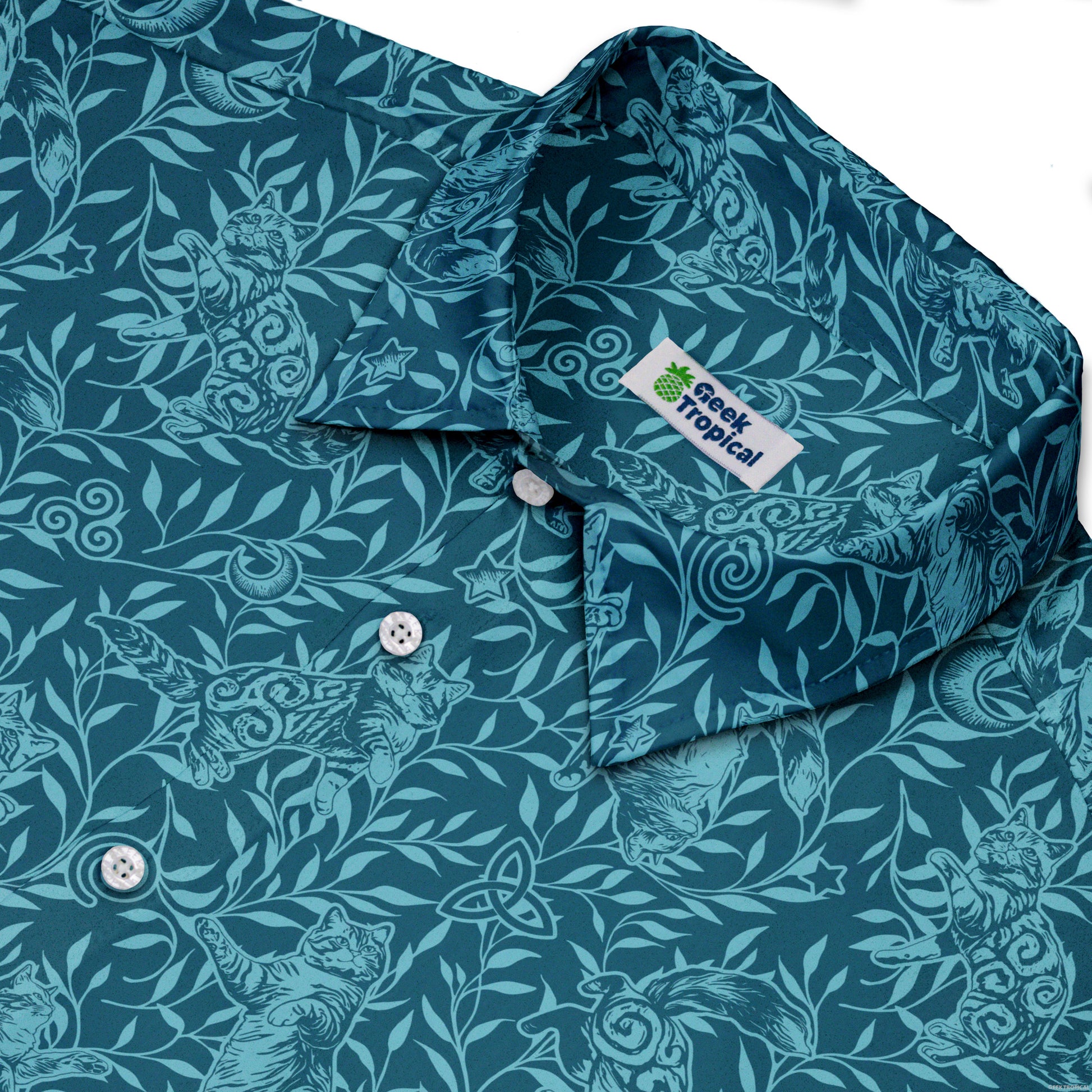 Hidden Garden Cats Teal Button Up Shirt Neck