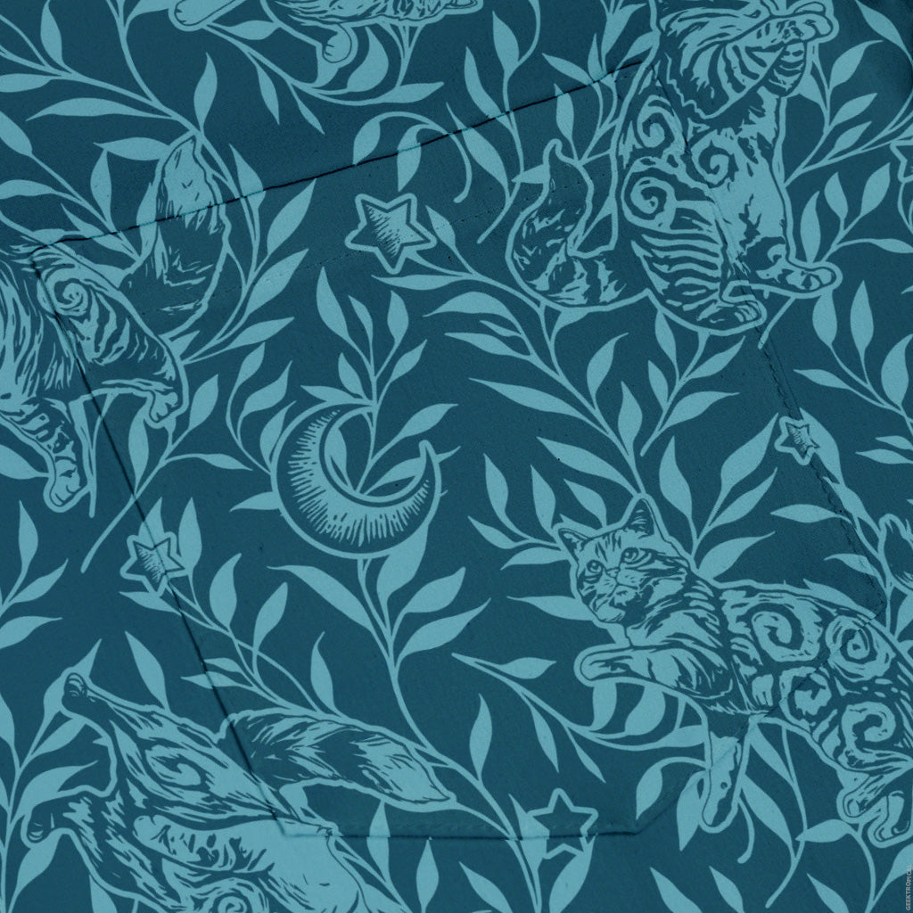 Hidden Garden Cats Teal Button Up Shirt Pocket