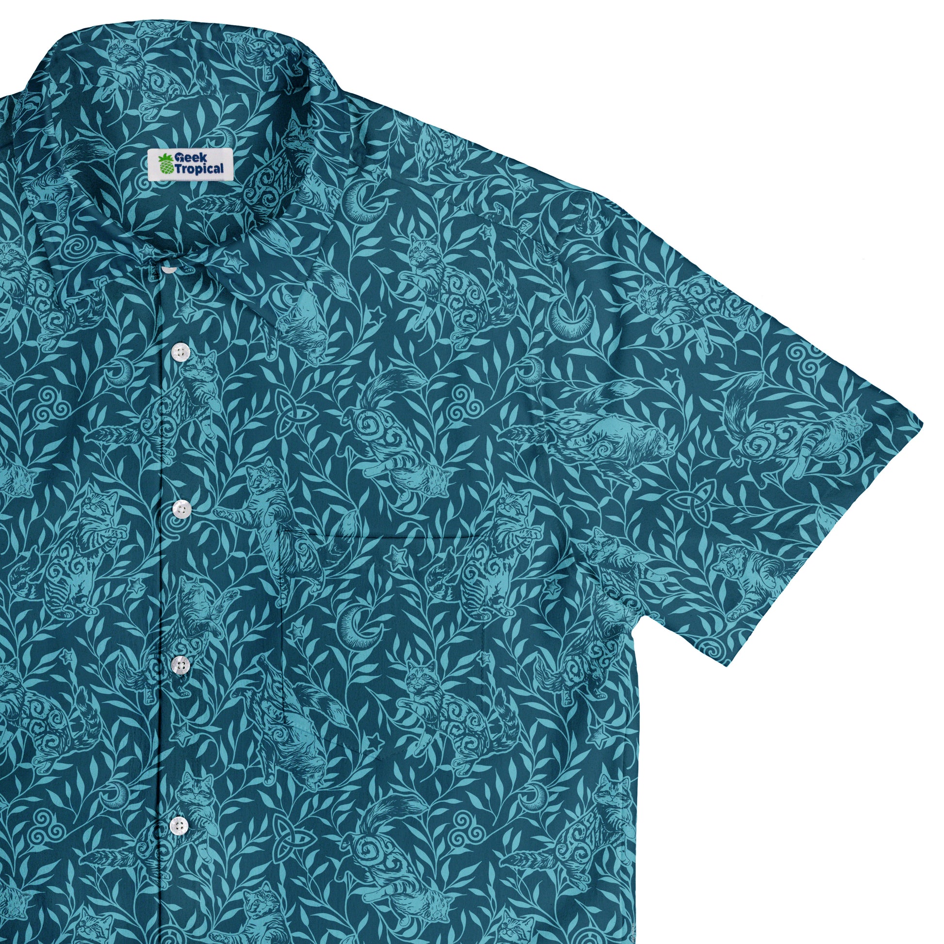 Hidden Garden Cats Teal Button Up Shirt Top Corner