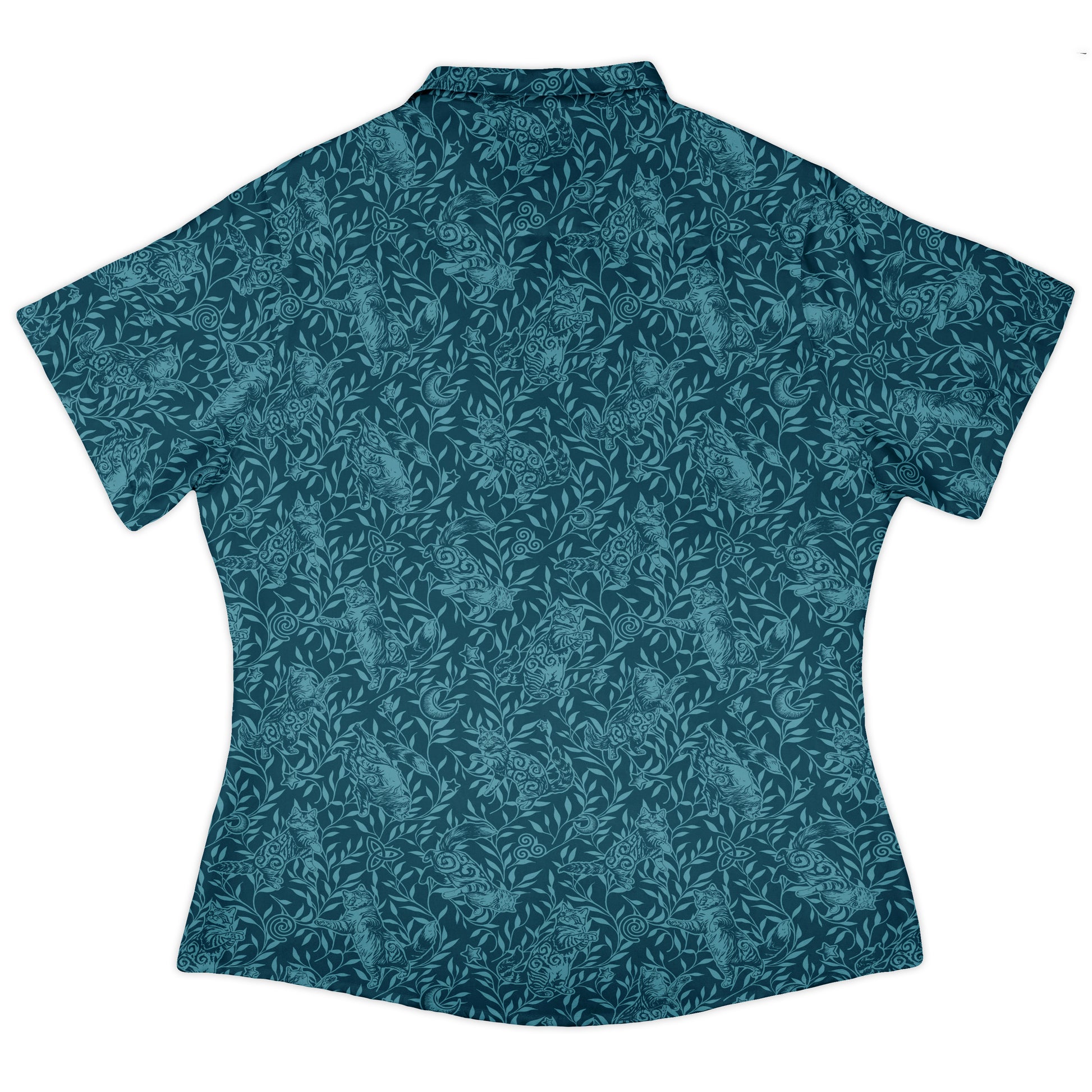 Hidden Garden Cats Teal Curvy Button Up Shirt womens back