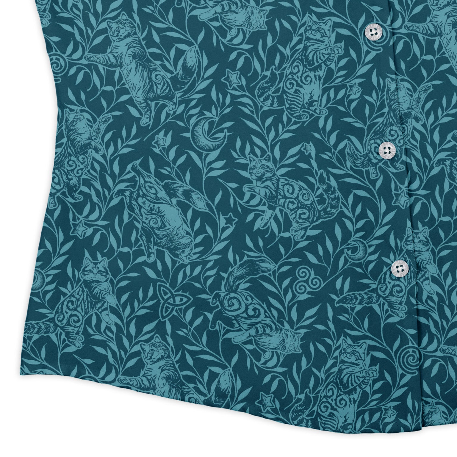 Hidden Garden Cats Teal Curvy Button Up Shirt womens corner