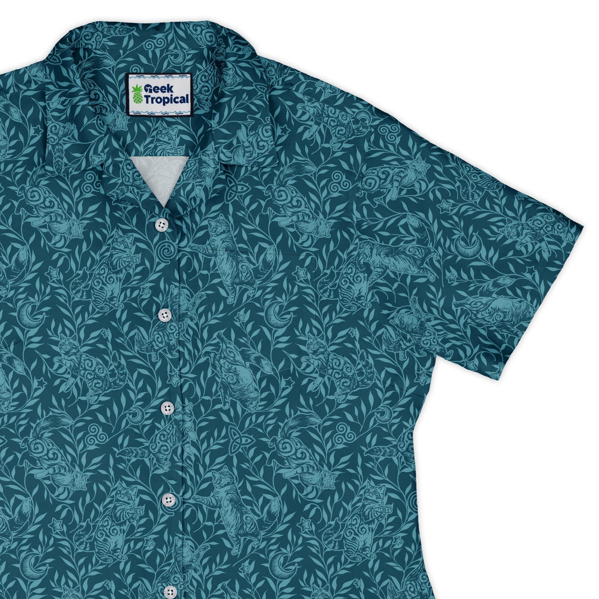 Hidden Garden Cats Teal Curvy Button Up Shirt womens top right