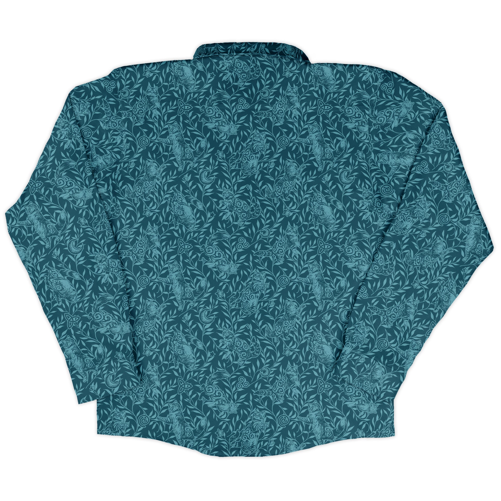 Hidden Garden Cats Teal Long Sleeve Button Up Shirt back