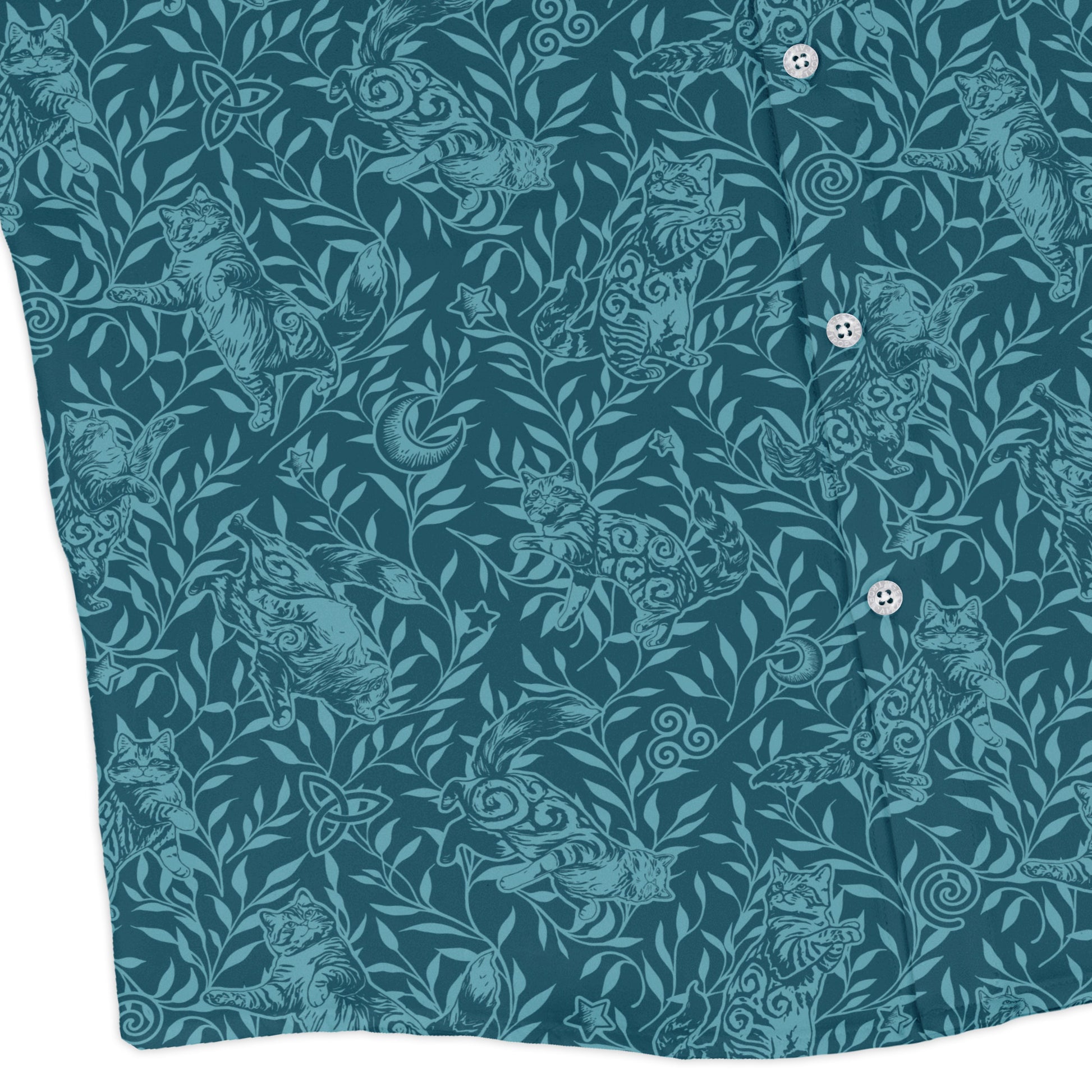 Hidden Garden Cats Teal Long Sleeve Button Up Shirt corner