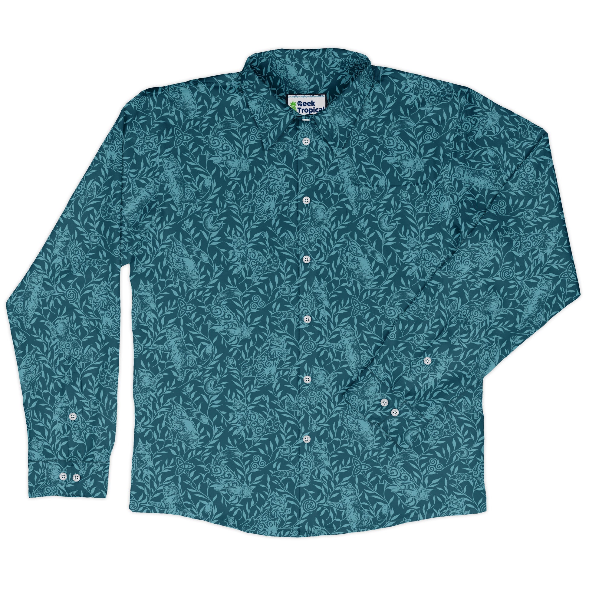 Hidden Garden Cats Teal Long Sleeve Button Up Shirt front