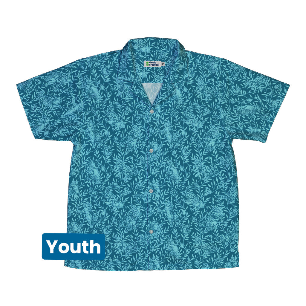 Hidden Garden Cats Teal Youth Hawaiian Shirt Front