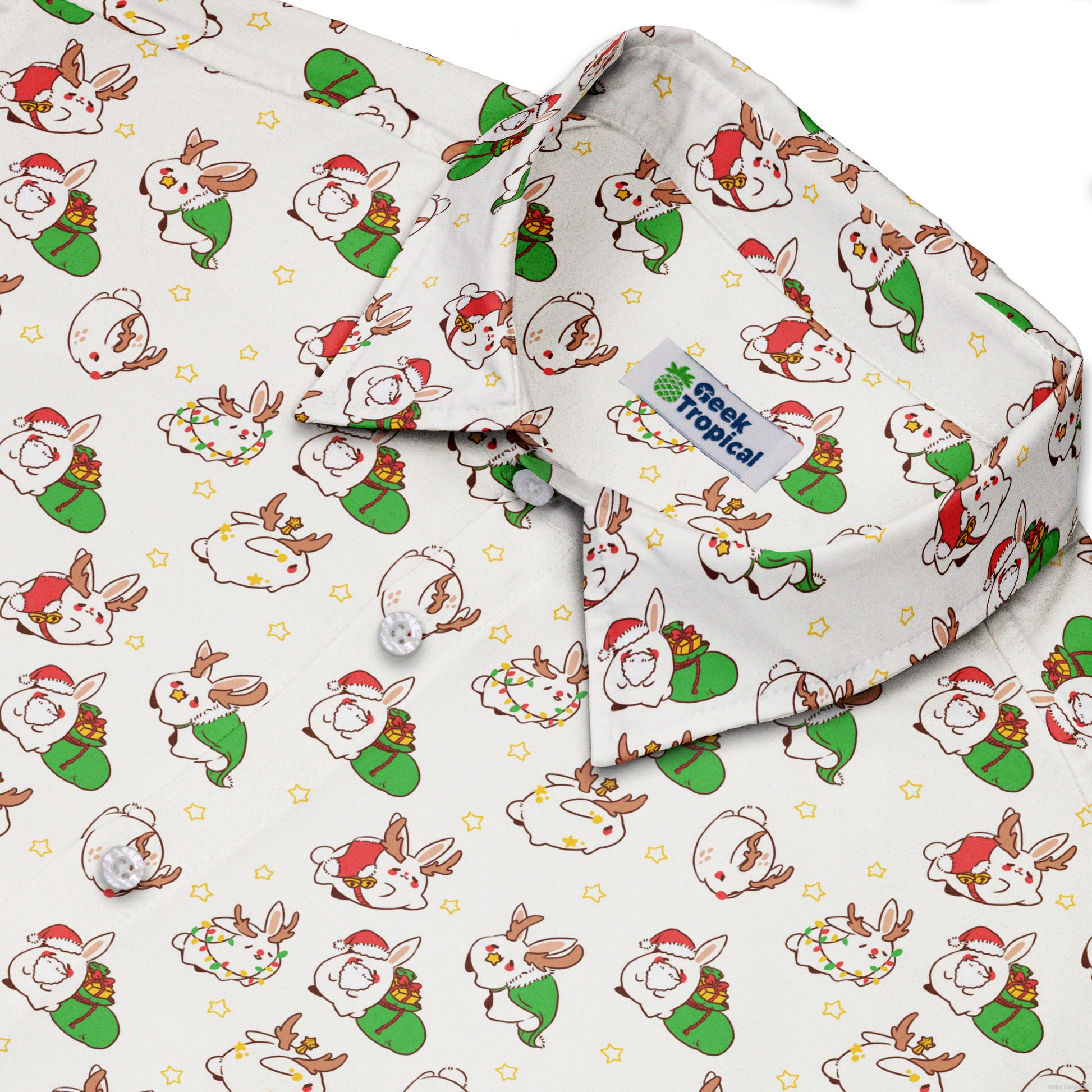 Holly Jolly Bunnies Button Up Shirt Geek Nerd adult sizing Christmas Print Design by Ardi Tong