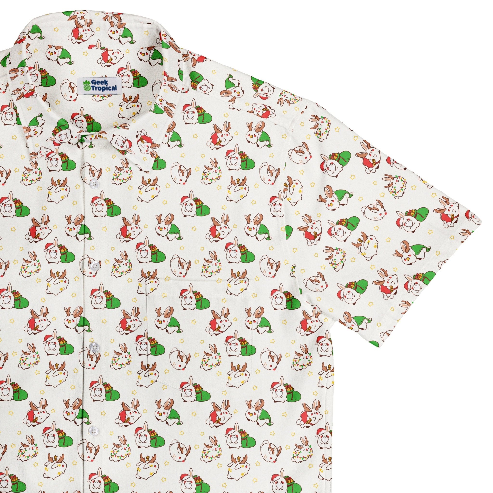 Holly Jolly Bunnies Button Up Shirt Geek Nerd adult sizing Christmas Print Design by Ardi Tong