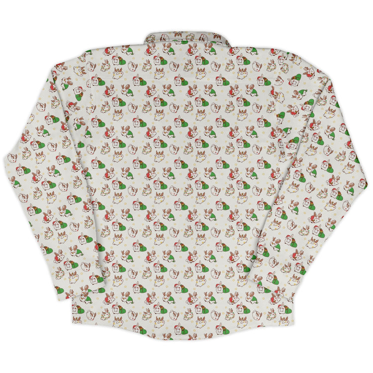 Holly Jolly Bunnies Long Sleeve Button Up Shirt Geek Nerd adult sizing Anime Christmas Print