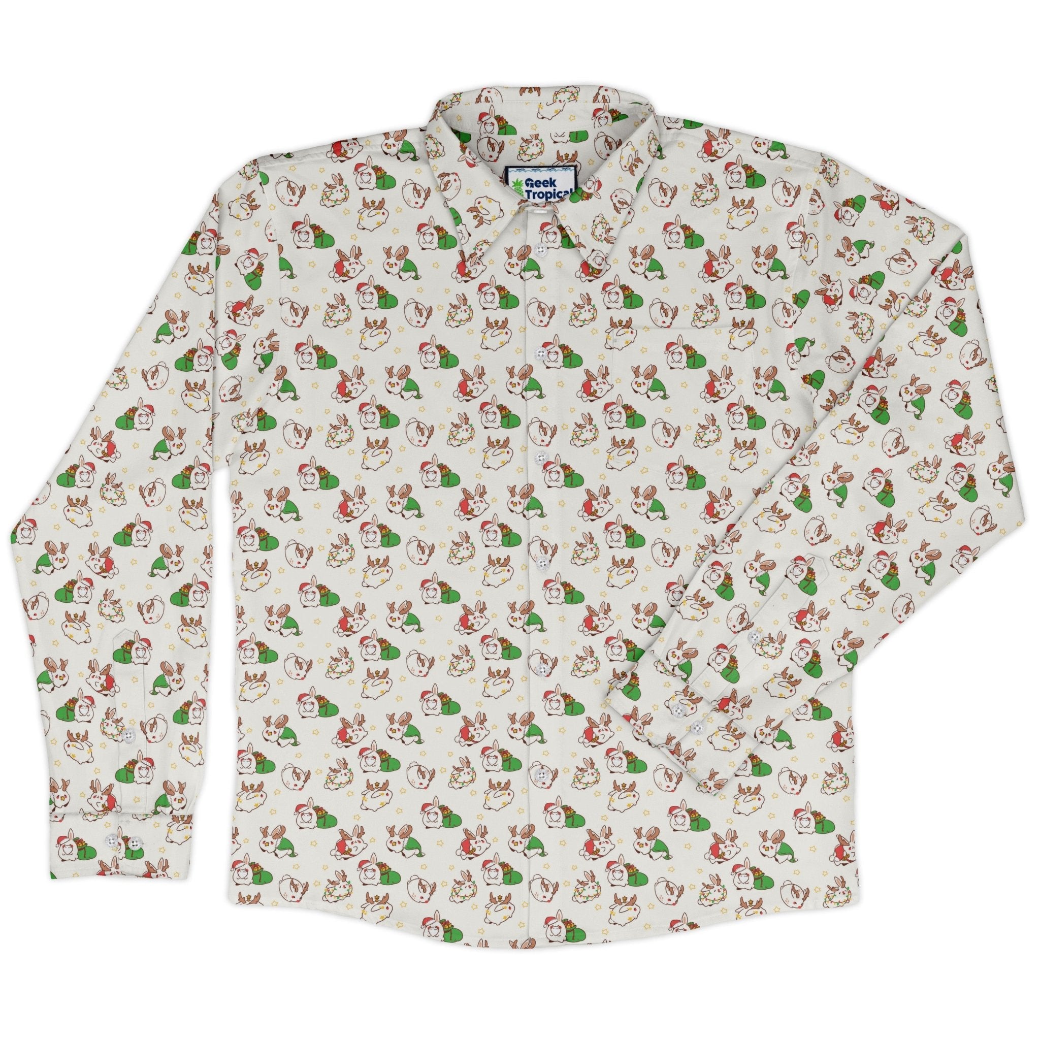 Holly Jolly Bunnies Long Sleeve Button Up Shirt Geek Nerd adult sizing Anime Christmas Print