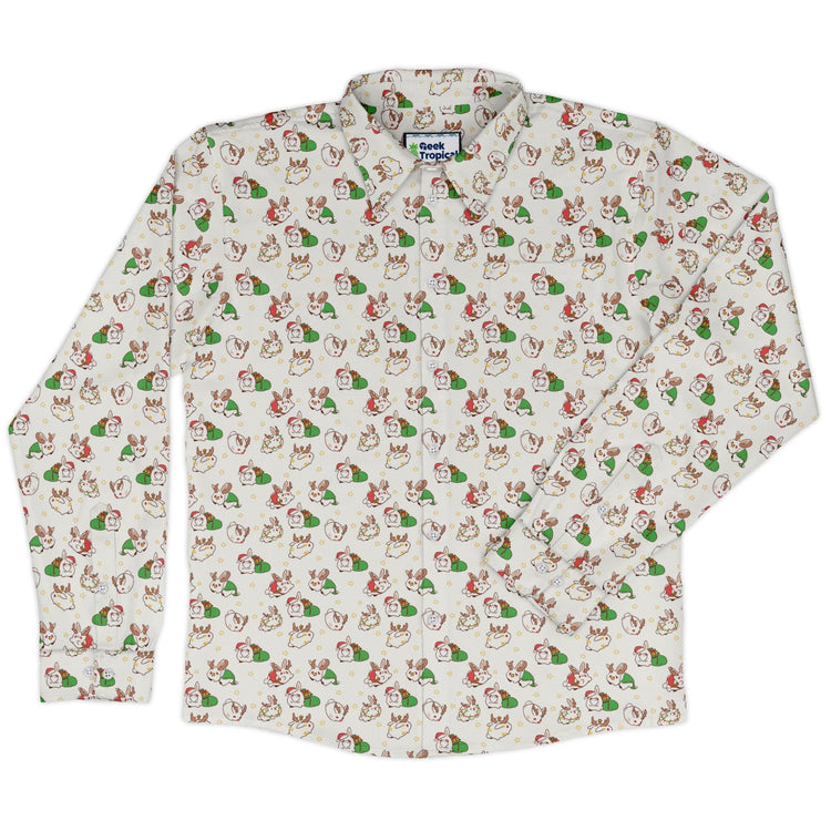 Holly Jolly Bunnies Long Sleeve Button Up Shirt Geek Nerd adult sizing Anime Christmas Print