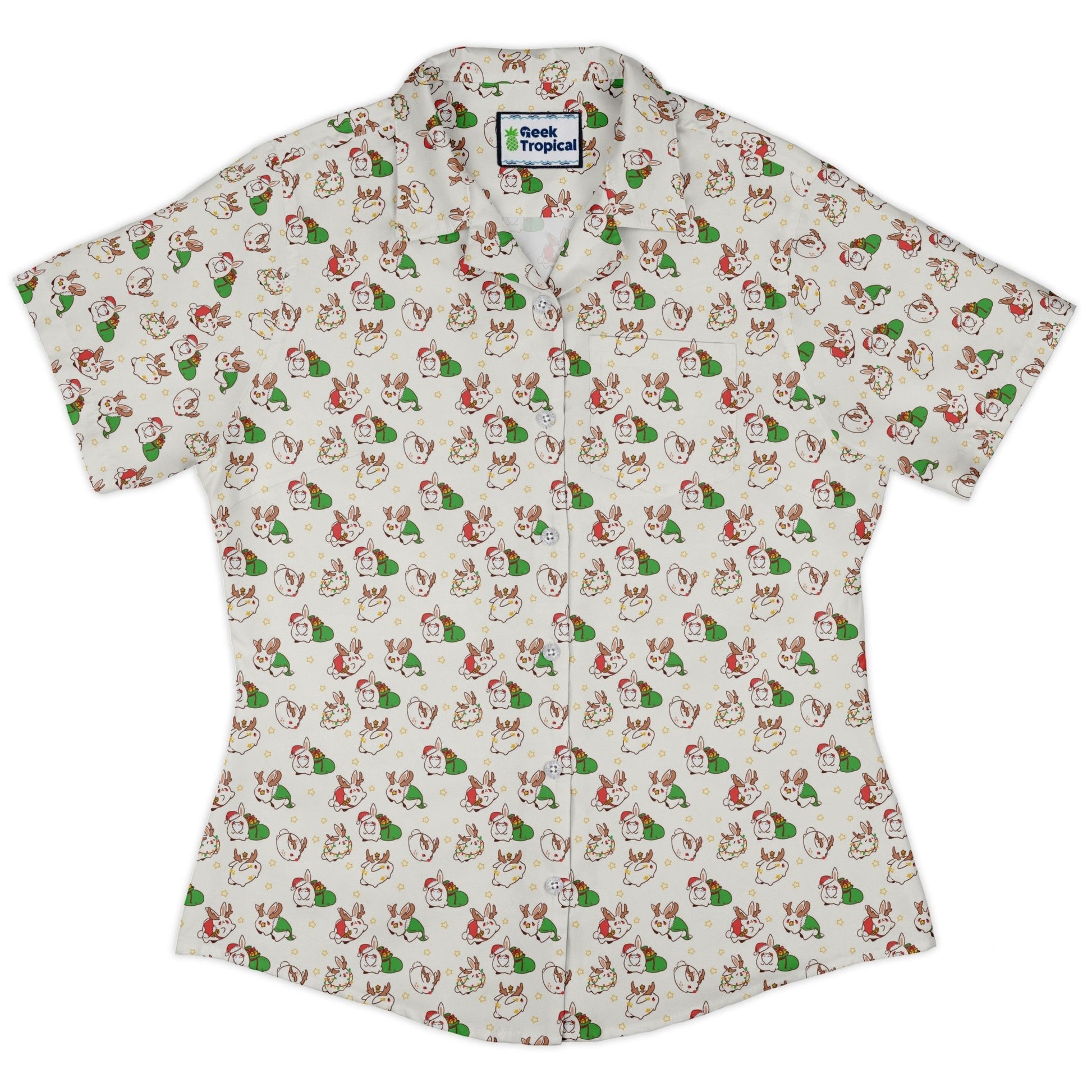 Holly Jolly Bunnies Curvy Button Up Shirt Geek Nerd Anime Christmas Print Design by Ardi Tong