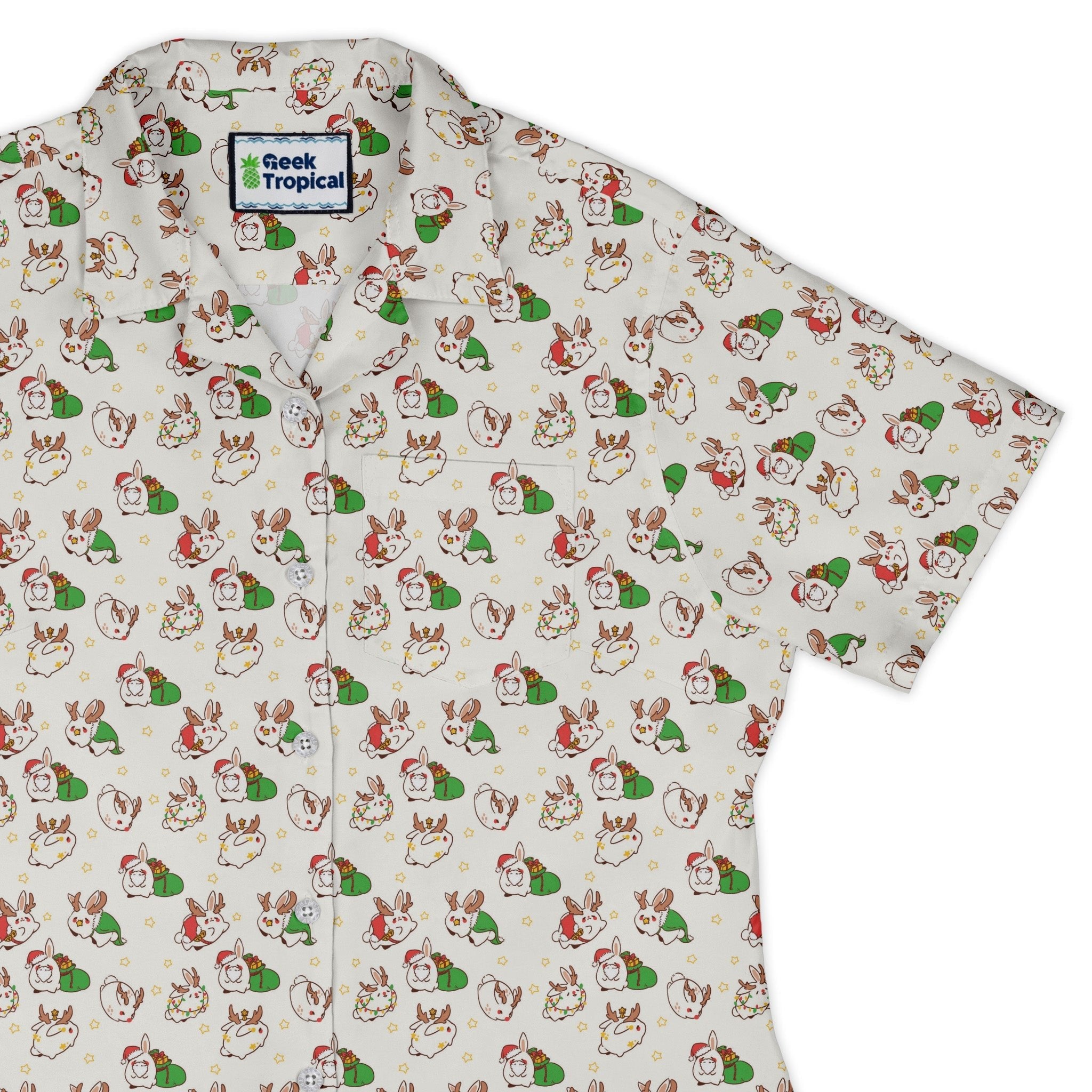 Holly Jolly Bunnies Curvy Button Up Shirt Geek Nerd Anime Christmas Print Design by Ardi Tong