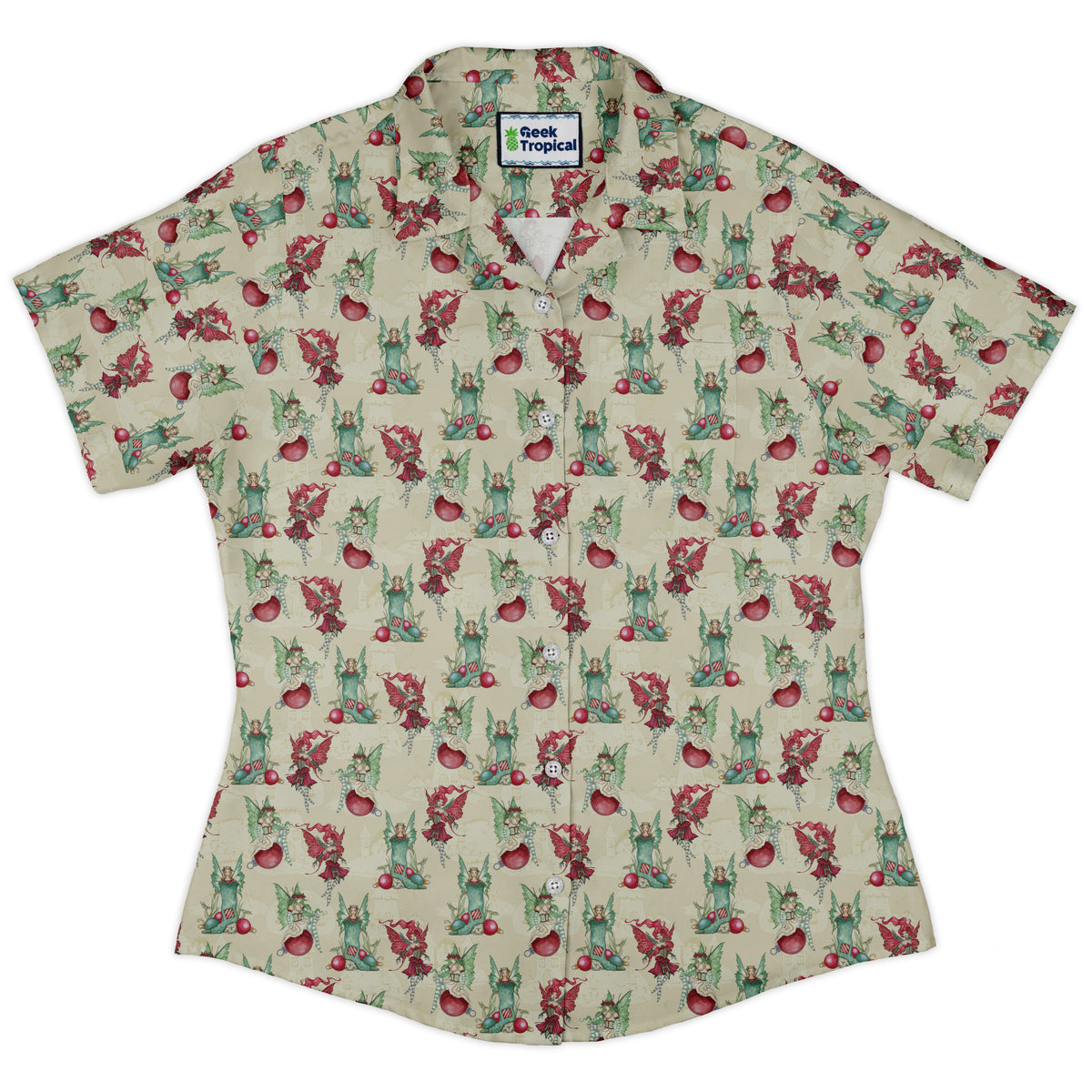 Holly Jolly Fairy Curvy Button Up Shirt womens front