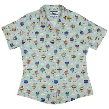 Hot Air Balloon Sky Curvy Button Up Shirt Geek Nerd Design by Zirkus Design outer space & astronaut print q225
