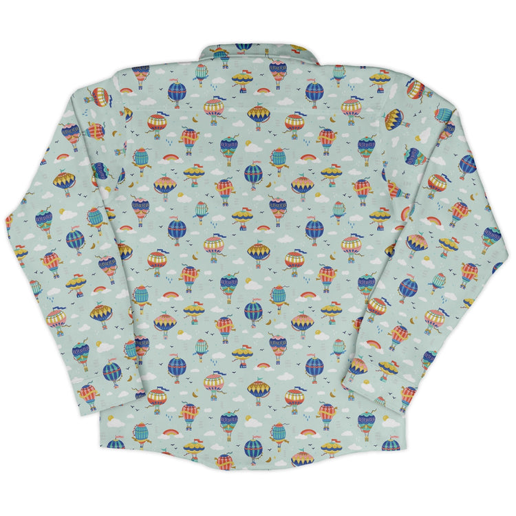 Hot Air Balloon Sky Long Sleeve Button Up Shirt Geek Nerd adult sizing Design by Zirkus Design FLOW DESC WRITING