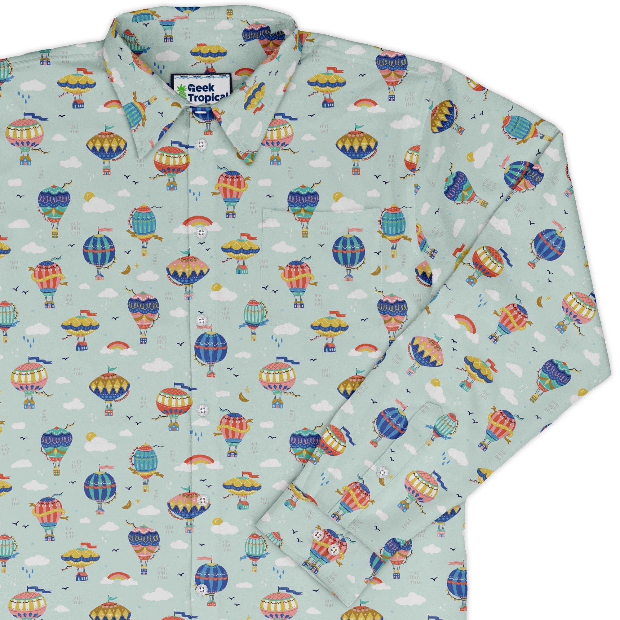 Hot Air Balloon Sky Long Sleeve Button Up Shirt Geek Nerd adult sizing Design by Zirkus Design FLOW DESC WRITING