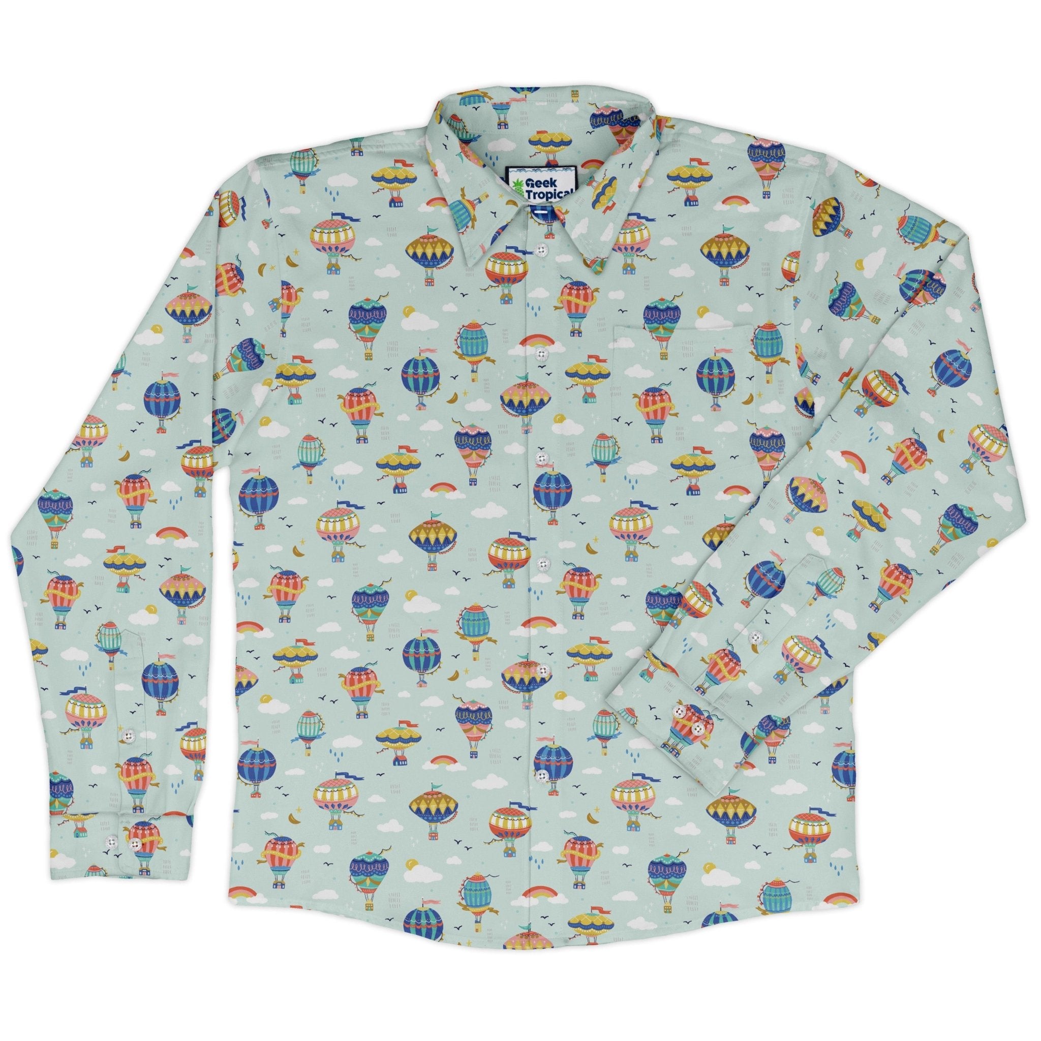 Hot Air Balloon Sky Long Sleeve Button Up Shirt Geek Nerd adult sizing Design by Zirkus Design FLOW DESC WRITING