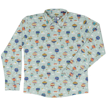 Hot Air Balloon Sky Long Sleeve Button Up Shirt Geek Nerd adult sizing Design by Zirkus Design FLOW DESC WRITING