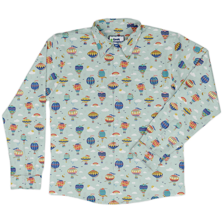 Hot Air Balloon Sky Long Sleeve Button Up Shirt Geek Nerd adult sizing Design by Zirkus Design FLOW DESC WRITING
