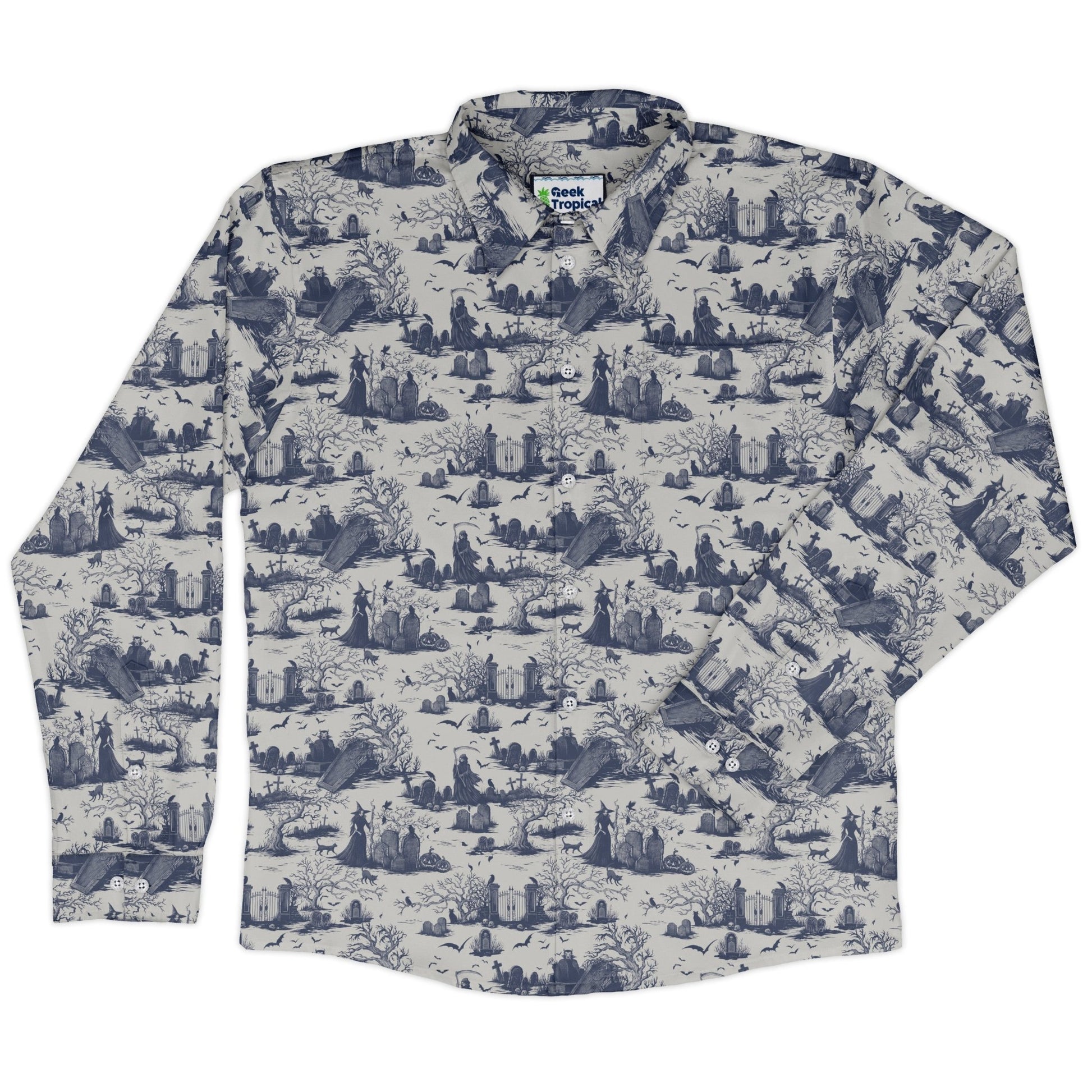 Huanted Graveyard Light Long Sleeve Button Up Shirt Geek Nerd 0925 adult sizing All Adult Button Up Shirts