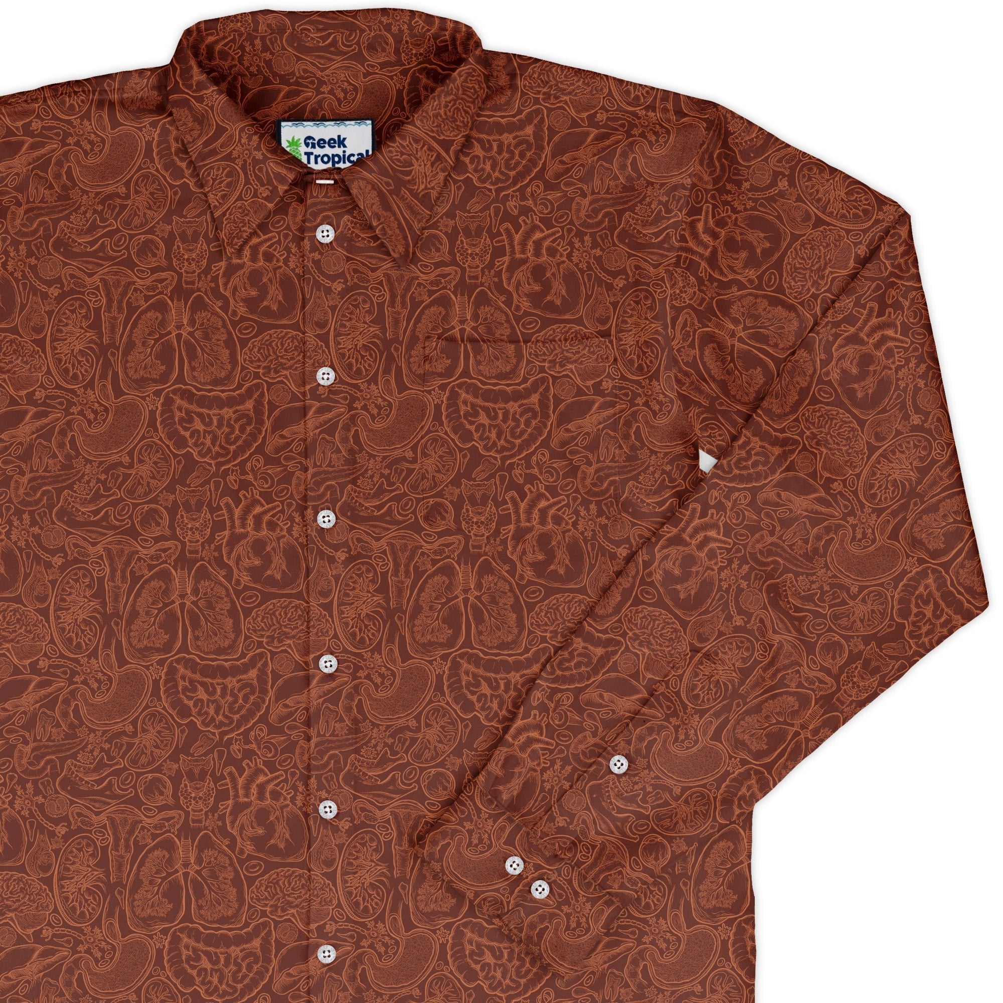 Nerdy Human Anatomy Red Long Sleeve Button Up Shirt