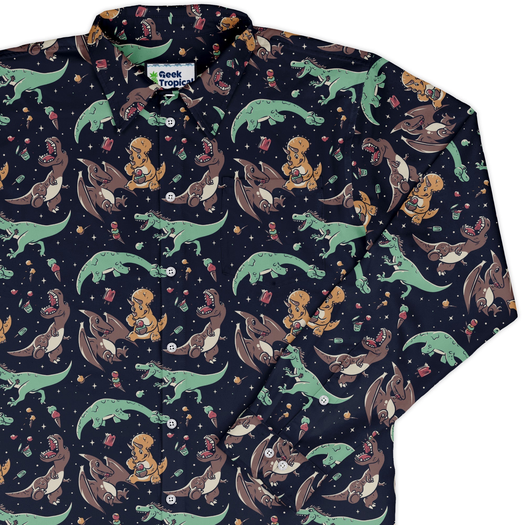 Ice Cream Dinos Long Sleeve Button Up Shirt Geek Nerd 0925 adult sizing All Adult Button Up Shirts