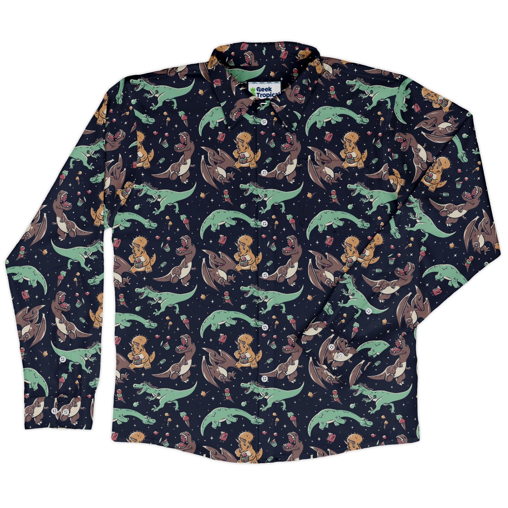 Ice Cream Dinos Long Sleeve Button Up Shirt Geek Nerd 0925 adult sizing All Adult Button Up Shirts