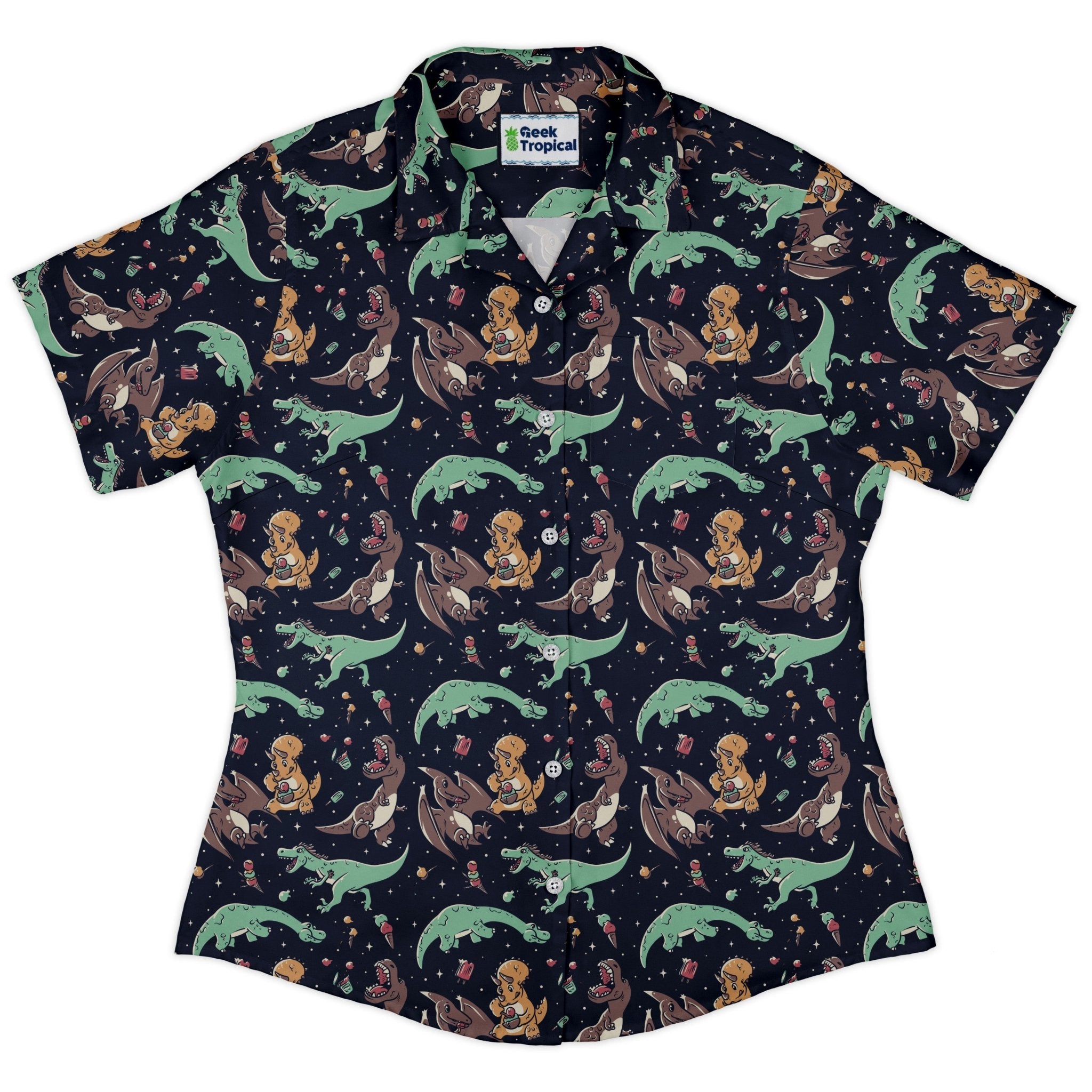 Ice Cream Dinos Curvy Button Up Shirt Geek Nerd 0925 All Adult Button Up Shirts Animal Patterns