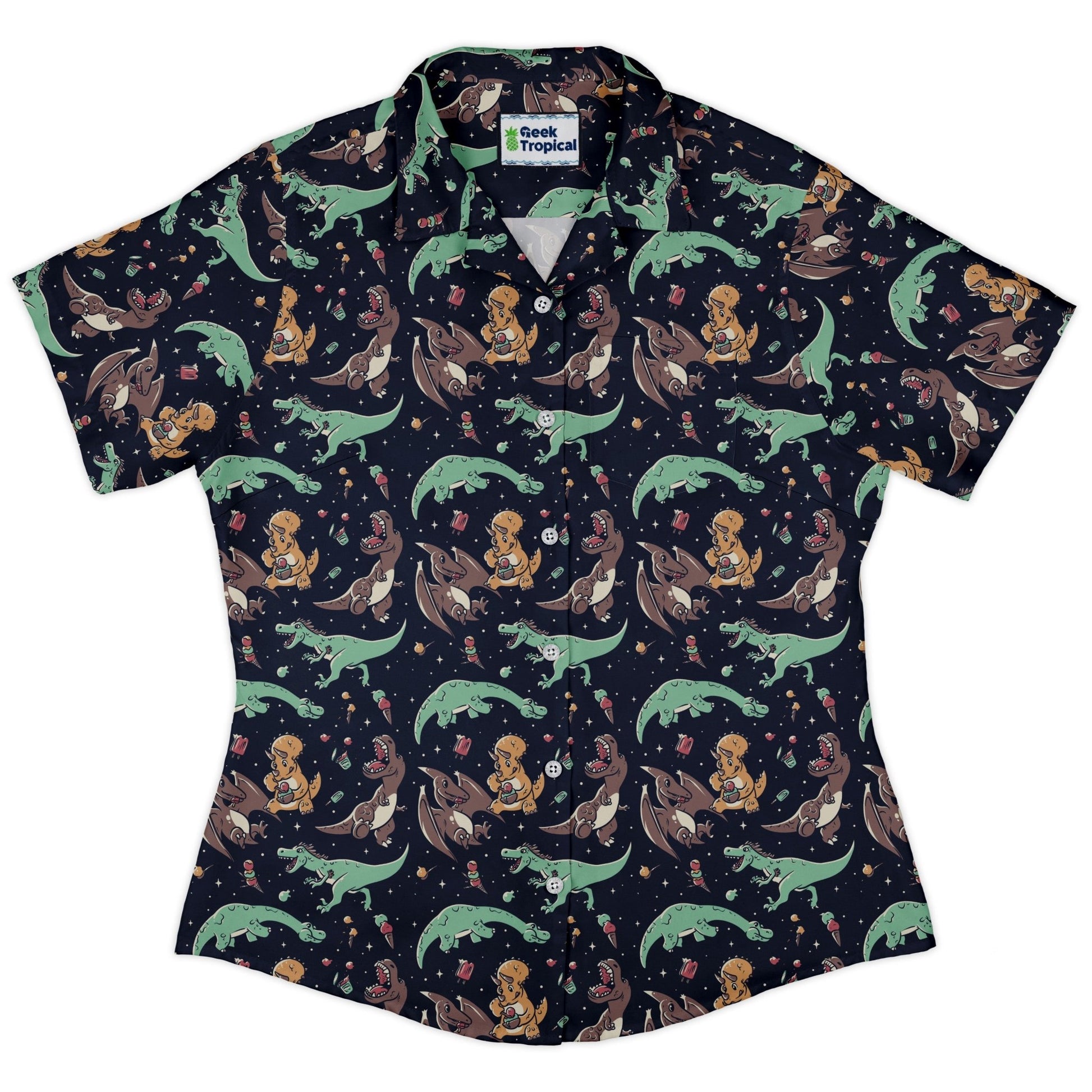Ice Cream Dinos Curvy Button Up Shirt Geek Nerd 0925 All Adult Button Up Shirts Animal Patterns