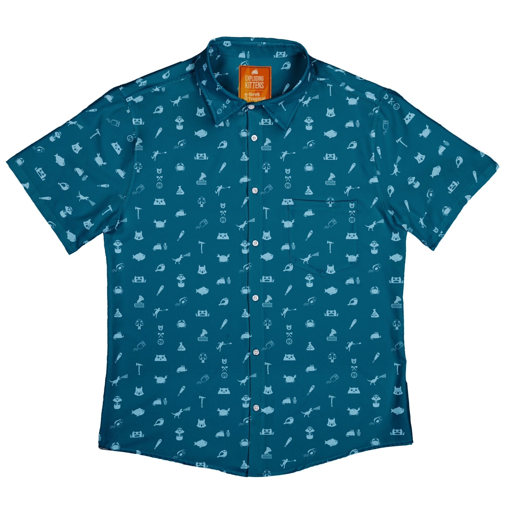 Iconic Exploding Kittens Button Up Shirt - adult sizing - Animal Patterns - board game print